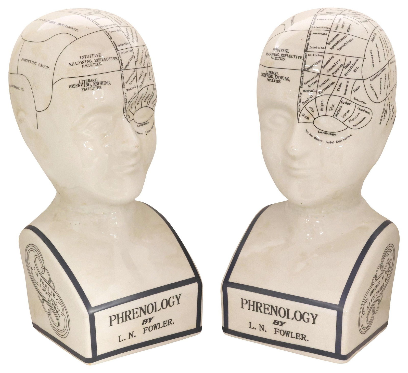 (2) AFTER L.N. FOWLER CERAMIC PHRENOLOGY BUSTS (1 of 3)