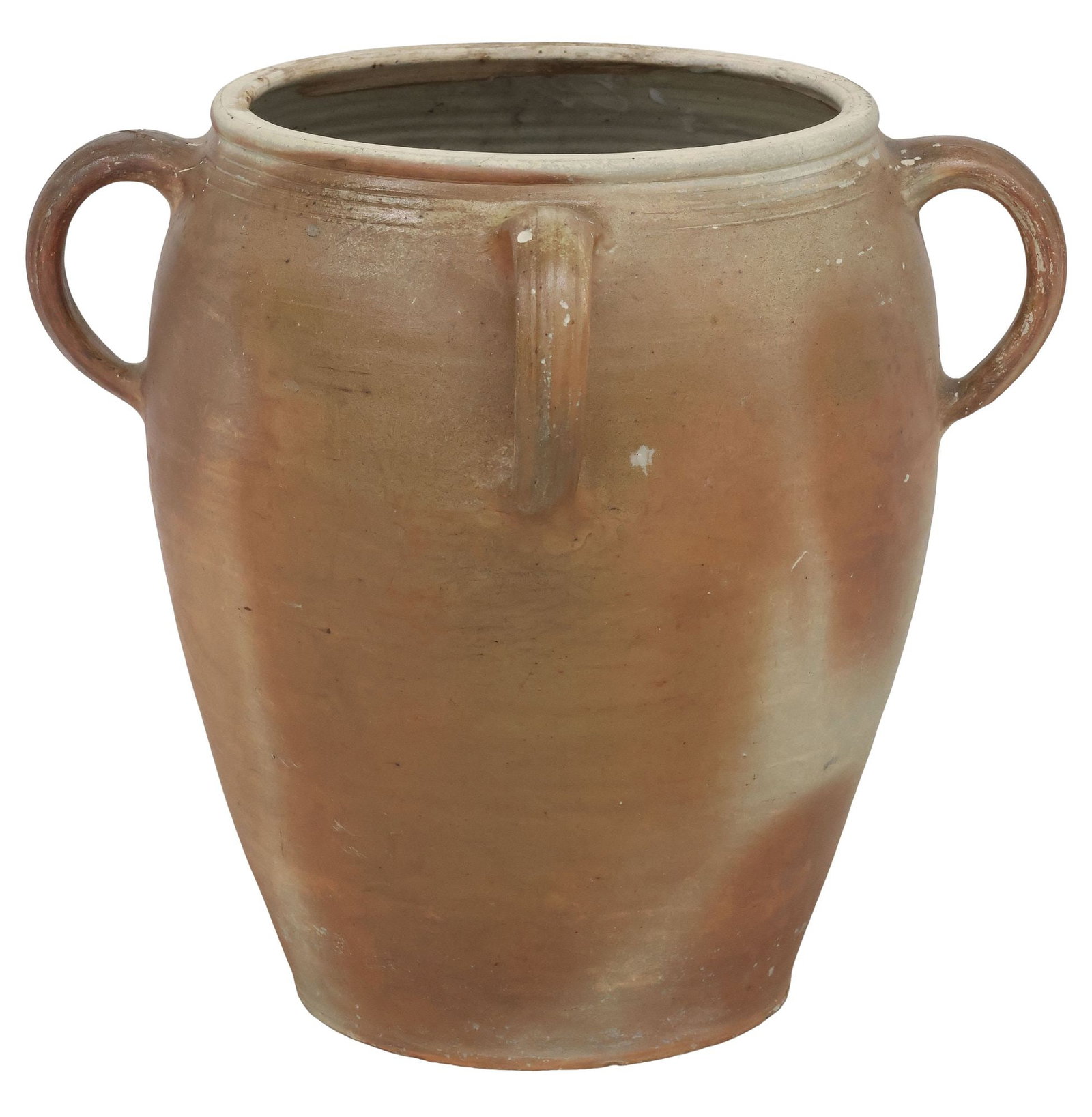 LARGE FRENCH PROVENCIAL STONEWARE HANDLED VESSEL: Large French Provincial stoneware vessel, having four rolled handles, over tapered body, approx 20"h, 22"w, 22"d, 31lbs