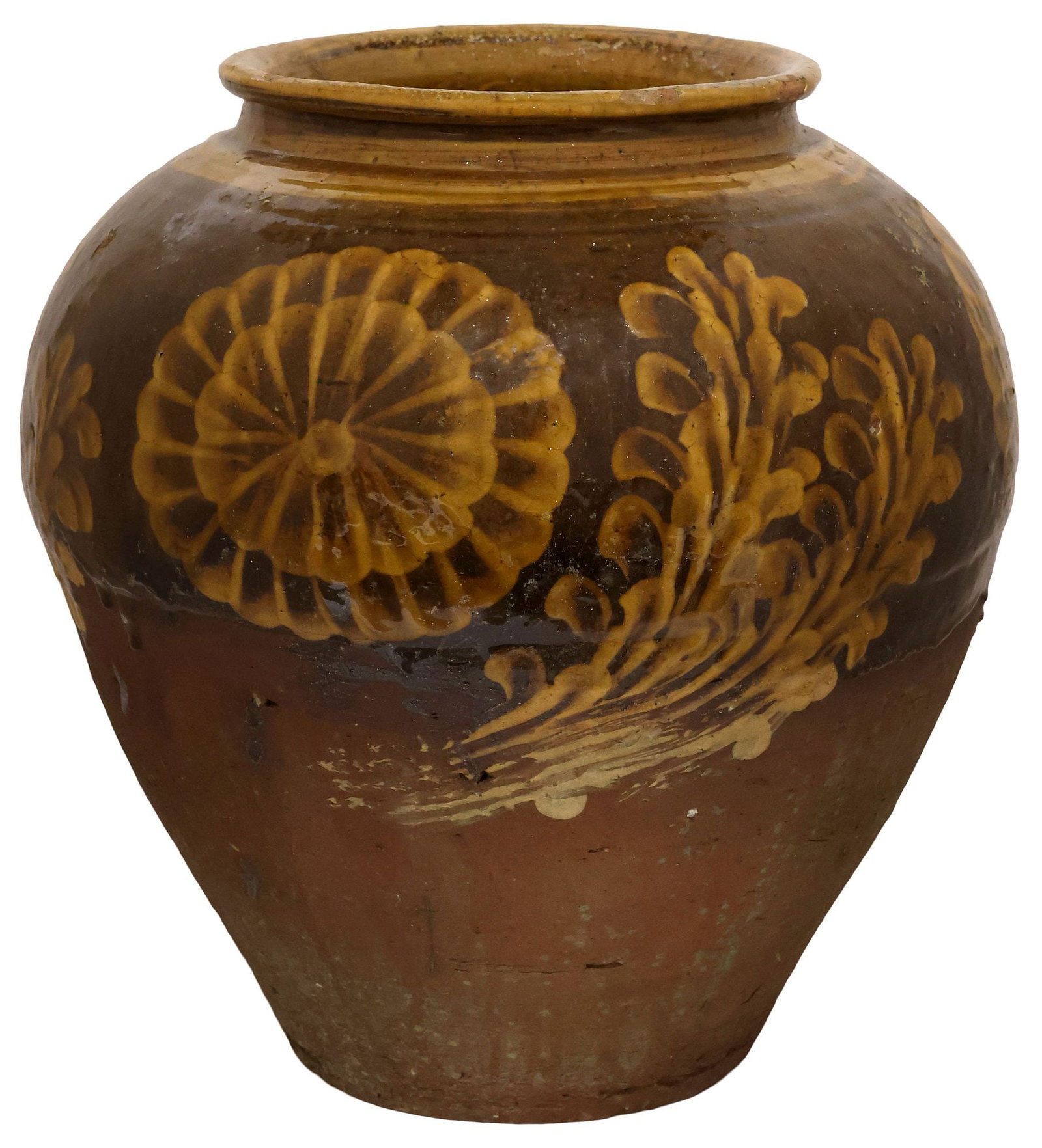 FLORAL & FOLIATE DECORATED BROWN PARCEL-GLAZED EARTHENWARE VASE: Partial-glazed earthenware vase, having floral and foliate motifs, over tapered body, approx 15 3/8"h, 16"diam, 27.75lbs