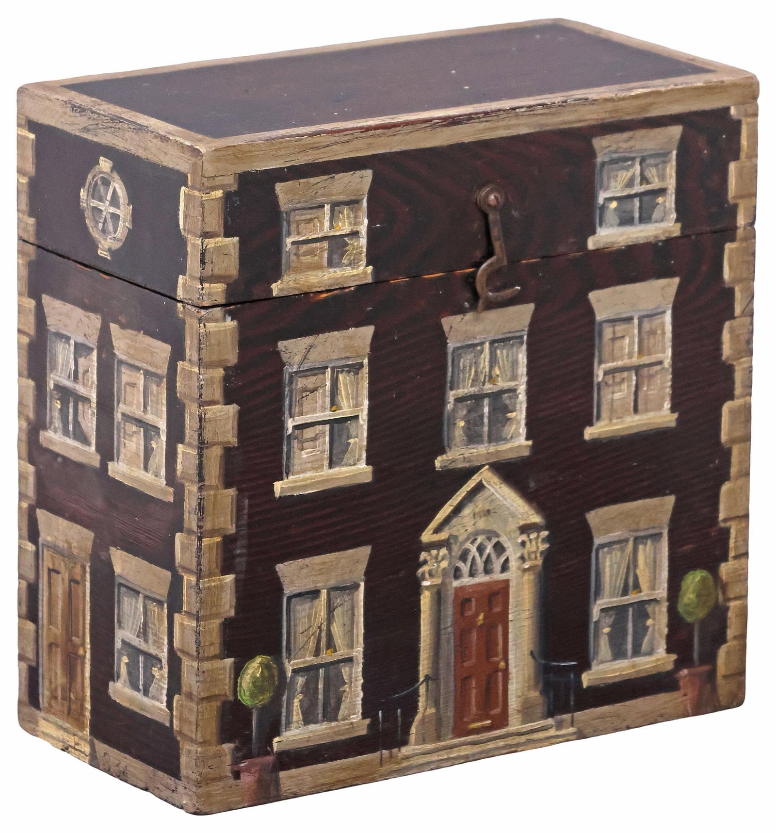 ENGLISH PAINT-DECORATED HOUSE FACADE PINE TABLE BOX (1 of 6)