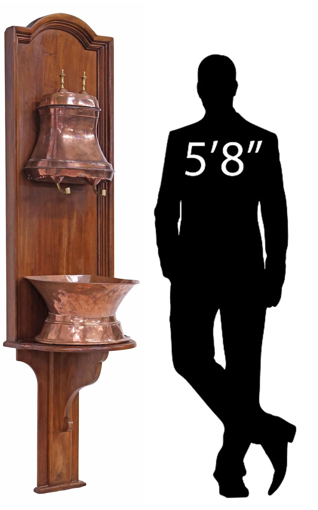 FRENCH PROVINCIAL COPPER & BRASS LAVABO ON WALNUT BACKBOARD, 74"H (1 of 7)