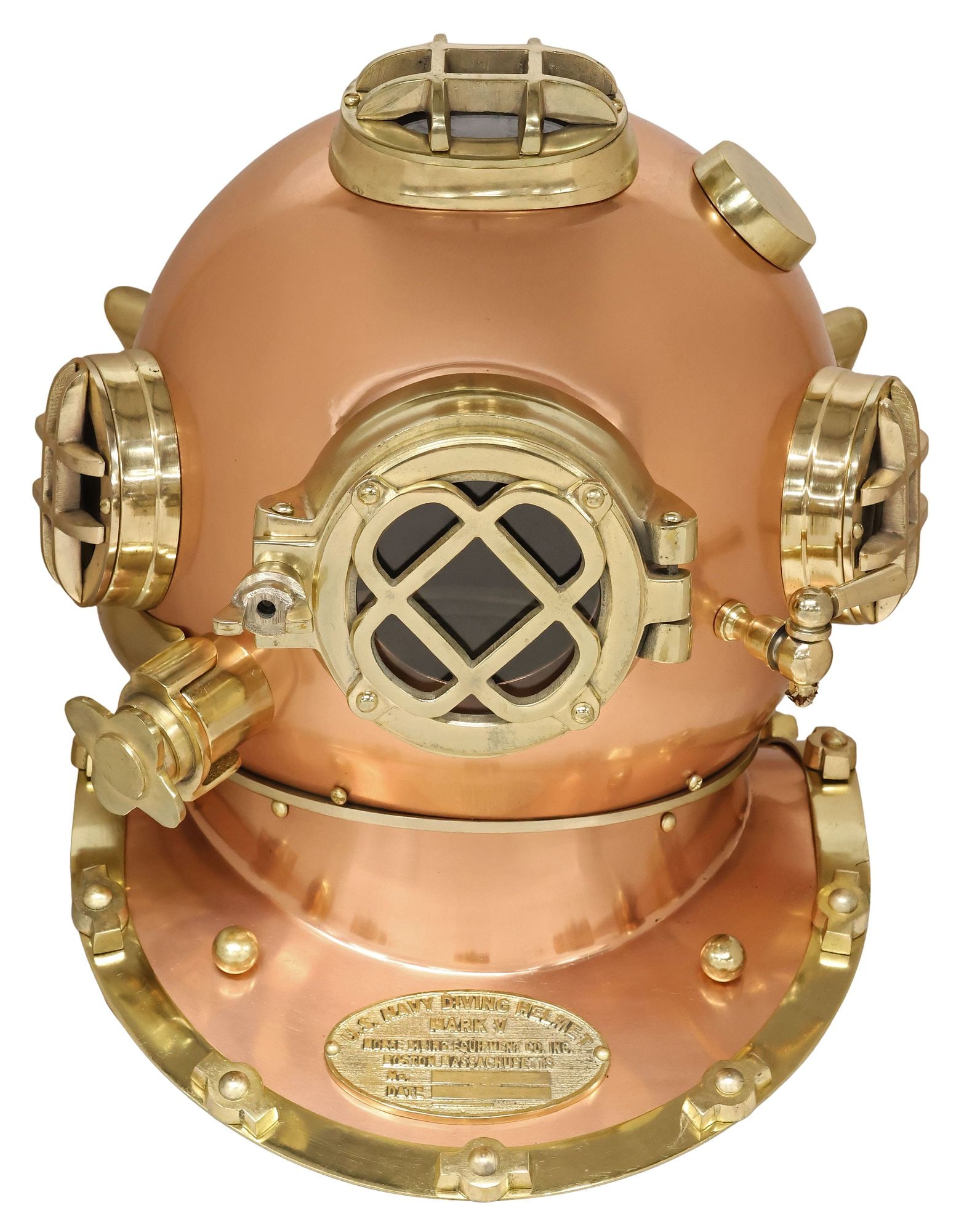 REPLICA COPPER & BRASS U.S. NAVY MARK V MODEL DIVING HELMET: Reproduction copper and brass model diver's helmet, 21st c., after U.S. Navy Mark V helmet and breastplate, containing glass panes, approx 16"h, 17"w, 15"d, 11.25lbs