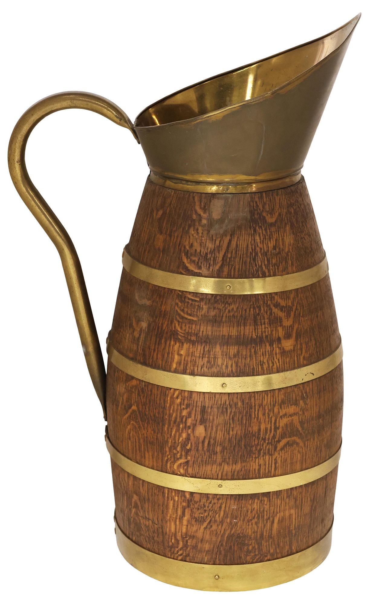 ENGLISH BRASS-BOUND COPPERED OAK CIDER / WINE JUG (1 of 4)