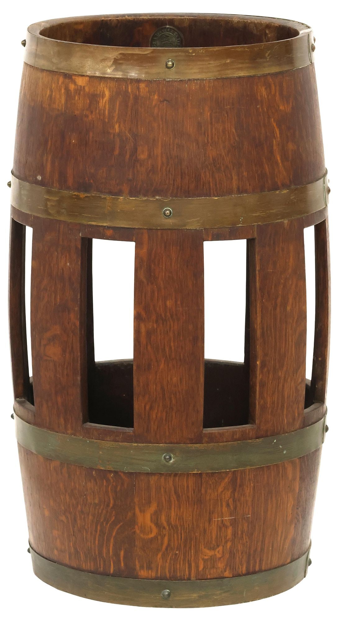 ENGLISH EDWARDIAN COPPERED OAK BARREL-FORM UMBRELLA STAND (1 of 5)