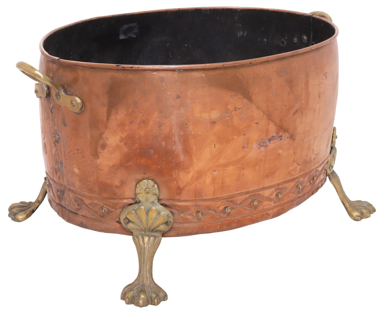 ENGLISH VICTORIAN COPPER & BRASS OVAL PLANTER ON PAW FEET (1 of 6)