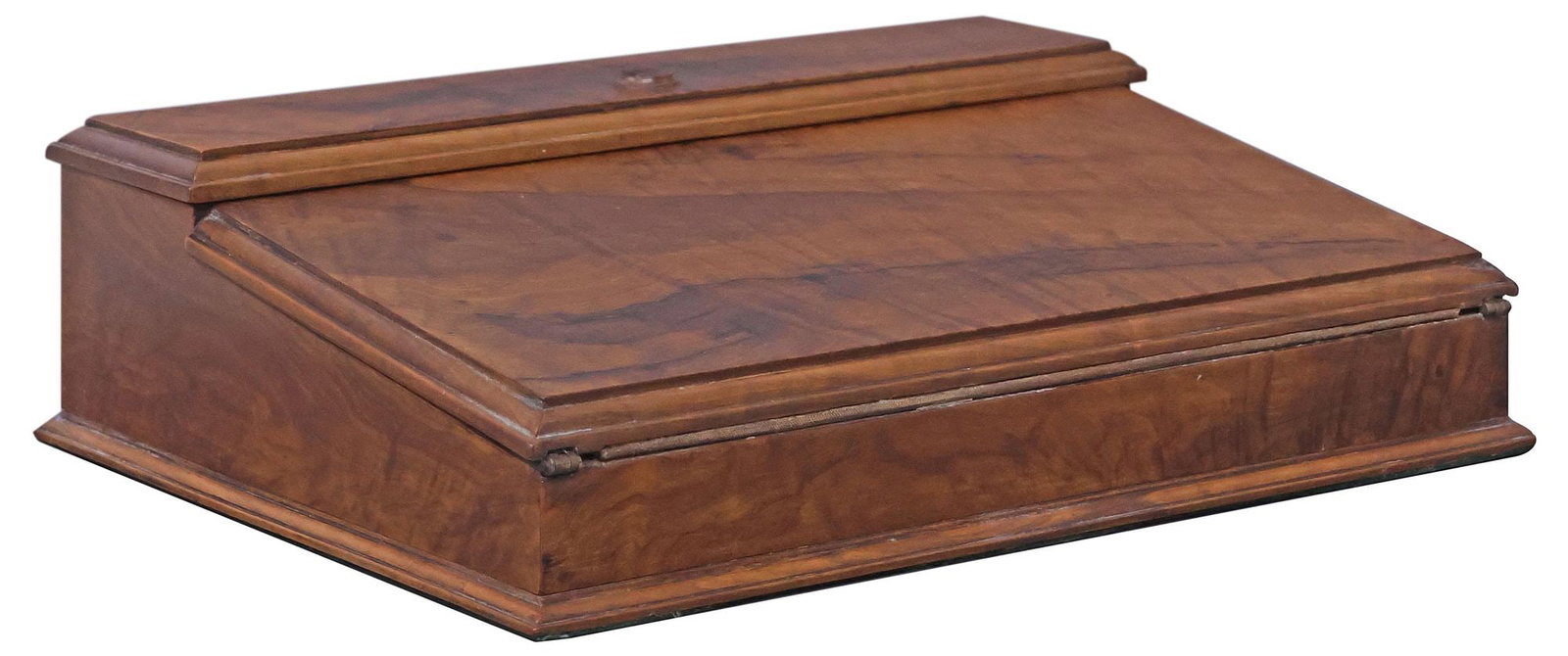 ENGLISH BURLED WALNUT WRITING SLOPE/ TRAVEL DESK: English burled walnut writing slope/ travel desk, 19th c., hinged upper compartment fitted with two inkwells, each with carved wood lid and collar, green velvet writing surface, over open storage, fol