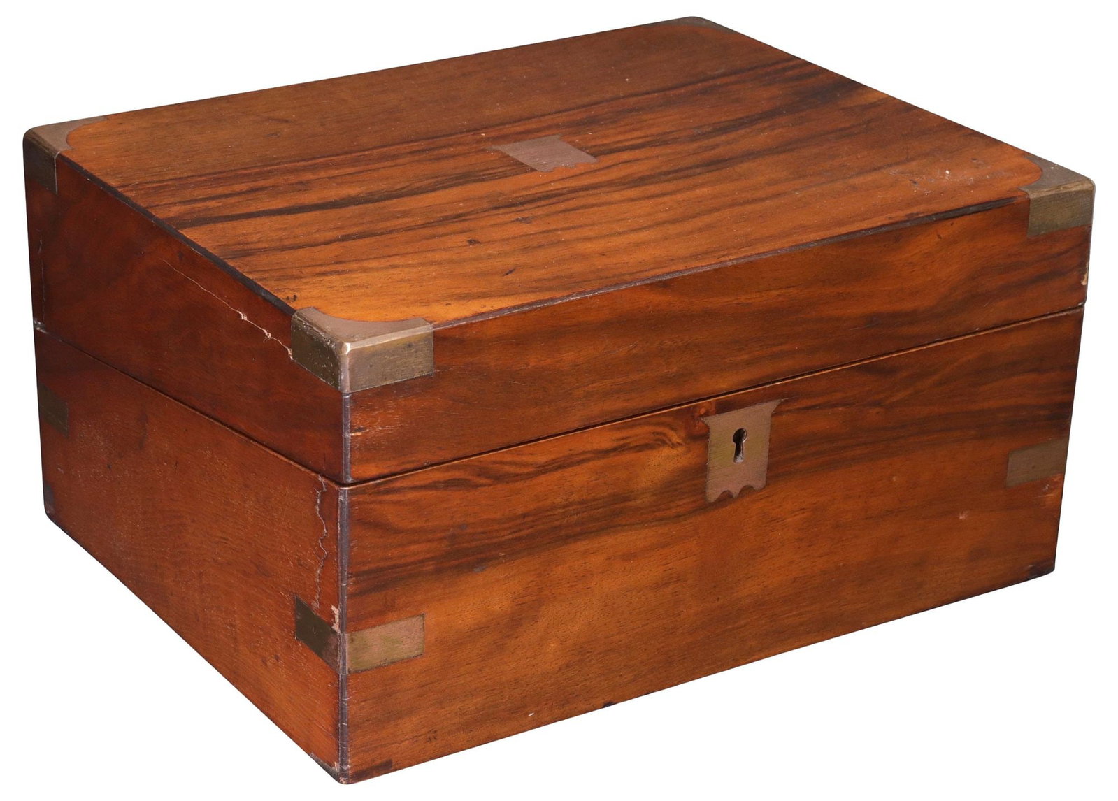 SMALL ENGLISH BRASS-BOUND WALNUT WRITING SLOPE / TRAVEL DESK: Small English brass-bound walnut writing slope/ travel desk, 19th c., lid with central vacant cartouche, opening to gilt-embossed leather writing surface, pen and ink receptacles, approx 6"h, 11.