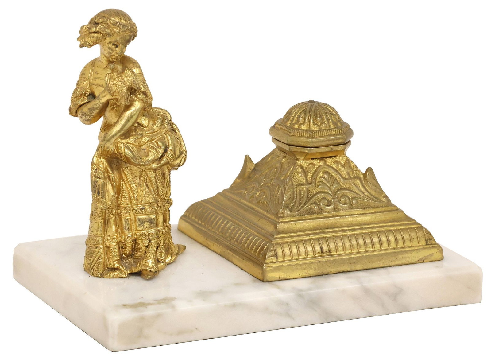 ENGLISH EDWARDIAN FIGURAL BRASS & MARBLE INKWELL (1 of 5)