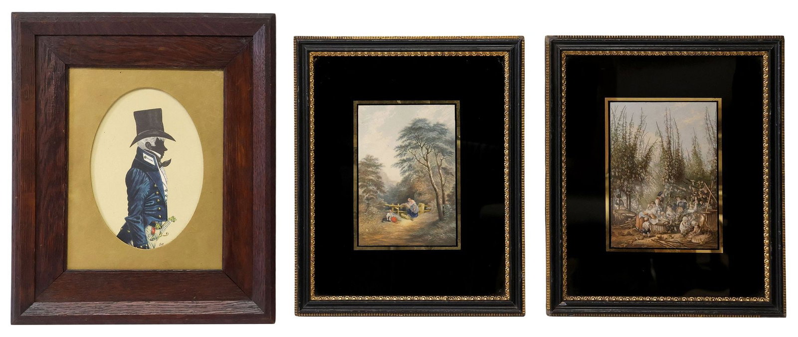 (3) ENGLISH INTAGLIO PRINTS AFTER GEORGE MORLAND & OTHER SILHOUETTE: (lot of 3) Framed artworks on paper, including: (2) color intaglio prints, after George Morland (English, 1763-1804), (one) "The Hop Garden," retaining A.J. Long, Cheshire gallery label verso, (one) "