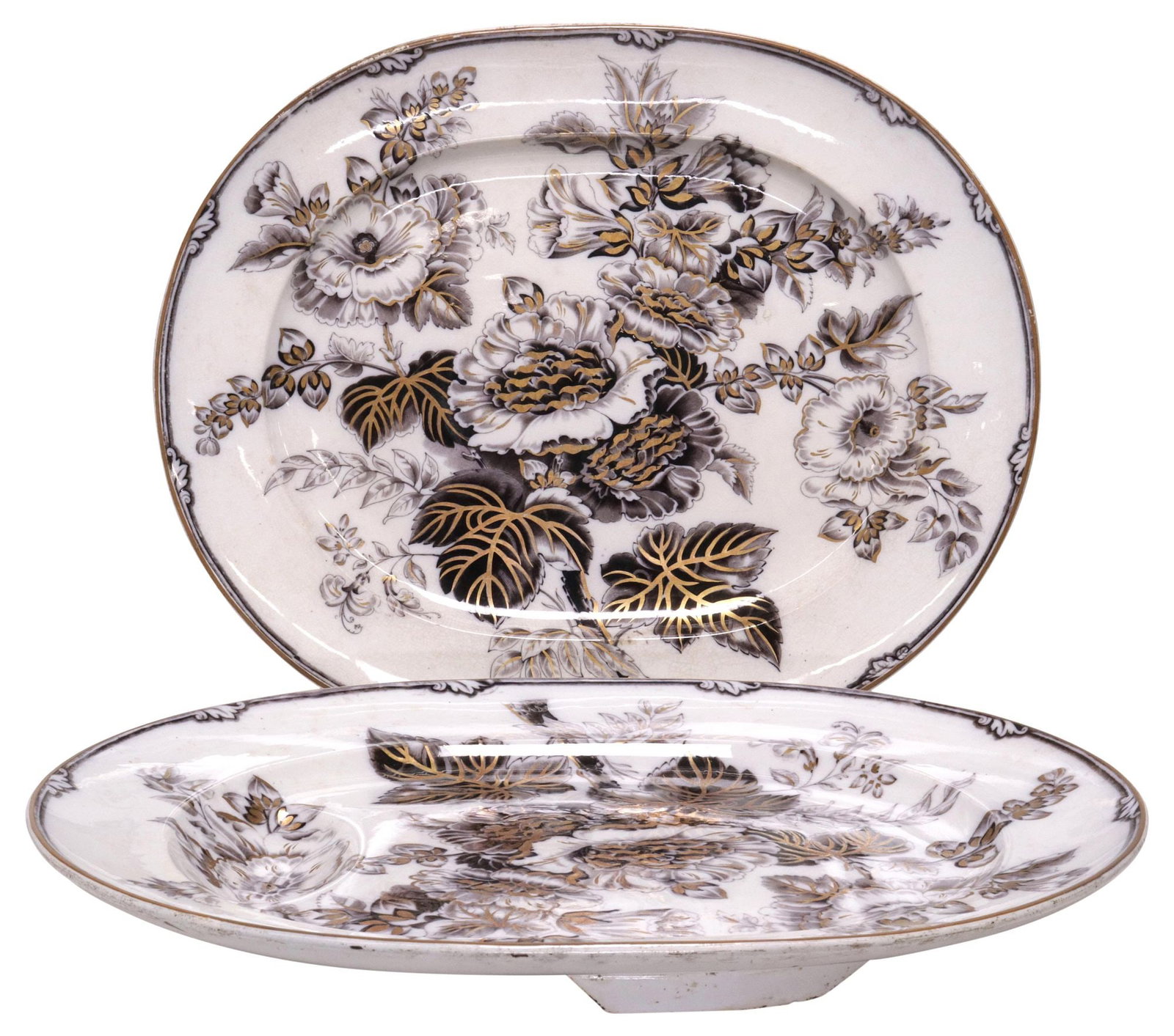 (2) ENGLISH WEDGWOOD 'HOLLYHOCK' TRANSFERWARE SERVING PLATTERS: (lot of 2) English transferware serving platters, Wedgwood, in the "Hollyhock" pattern, with parcel-gilt brown flowers on white ground, maker's mark underfoot, including: (1) well-and-tr