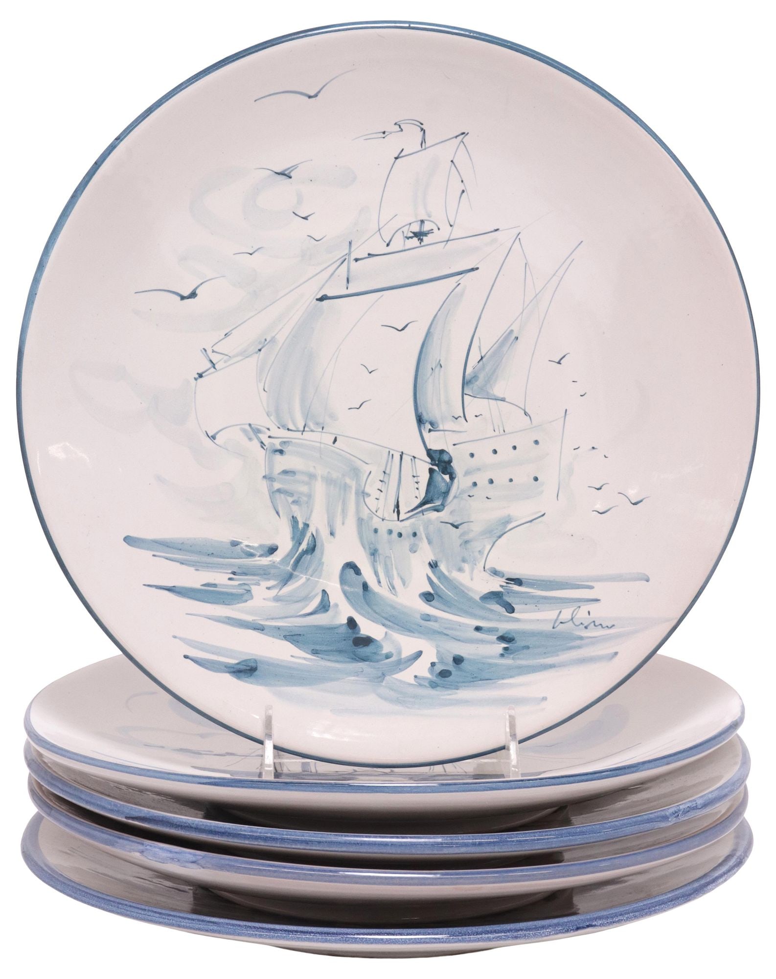 (5) ITALIAN SAN GIORGIO ALBISOLA BLUE & WHITE MAJOLICA PLATES: (lot of 5) Italian blue and white majolica pottery plates, Ceramiche San Giorgio, Albisola, 20th c., each with painted sailing ships and maritime motifs, illegible signature lower right, (one) inscrib