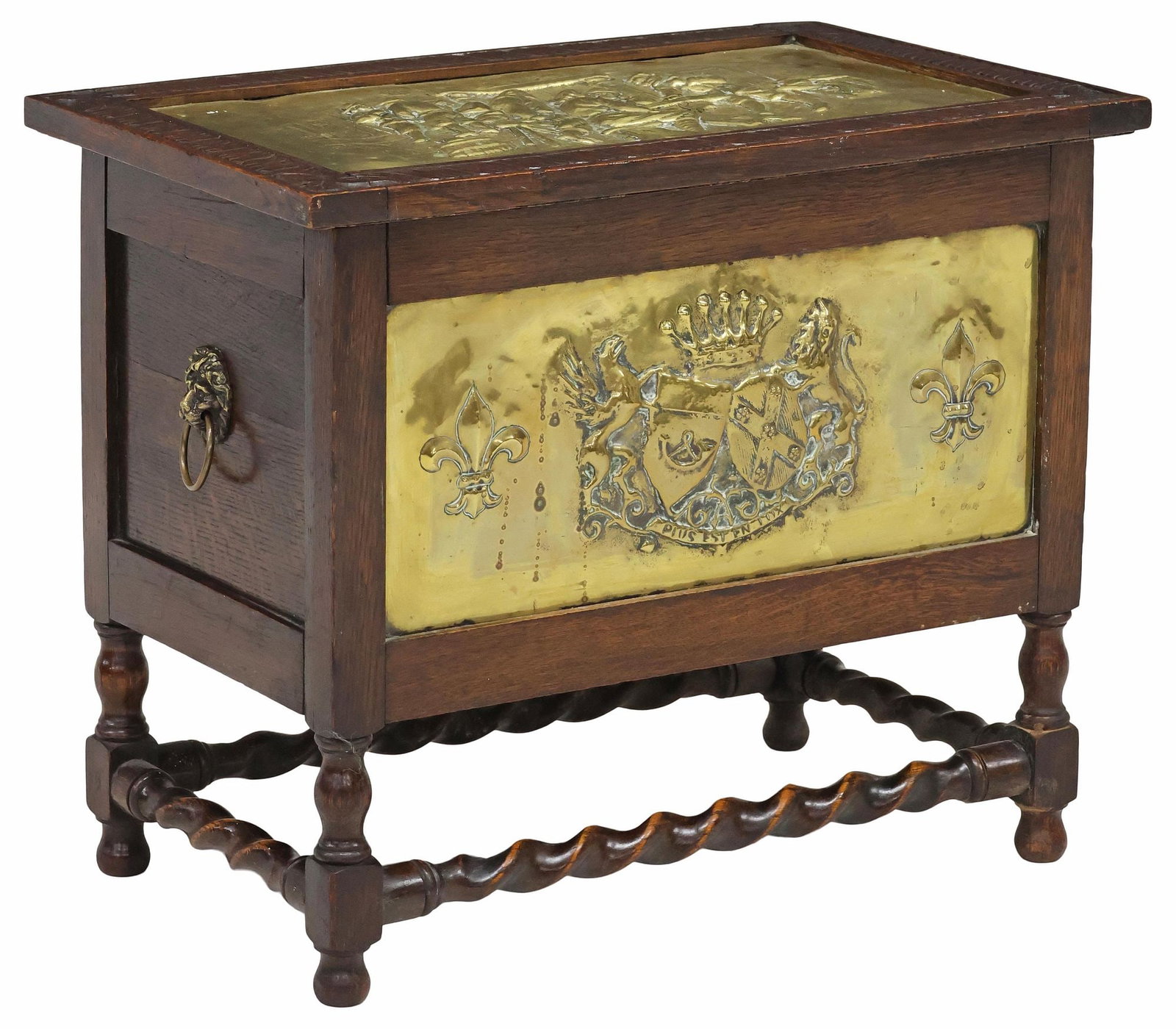 ENGLISH EDWARDIAN REPOUSSE BRASS-INSET CARVED OAK COAL BIN (1 of 7)