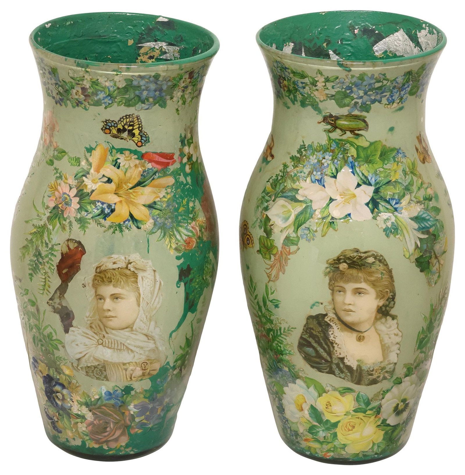 (2) ENGLISH VICTORIAN DECALCOMANIA TRANSFER-DECORATED GLASS VASES: (pair) English Victorian Decalcomania glass vases, late 19th c., each having flared rim over tapering body, interior transfer decoration depicting portraits of young ladies, among floral bouquets, but