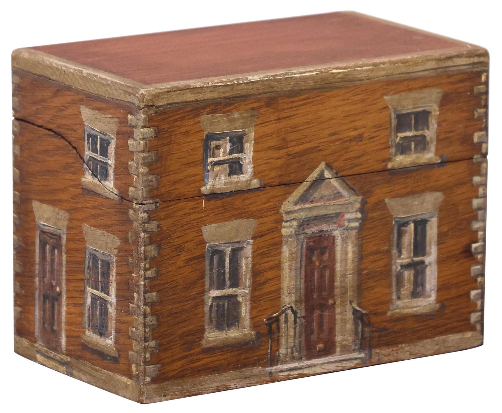 ENGLISH PAINT-DECORATED OAK HOUSE FACADE TABLE BOX / CARD FILE: English paint-decorated oak card file/ box, 19th c., the exterior later painted as a Georgian style house facade, dovetailed case, open interior, approx 4.25"h, 5.75"w, 3 3/8"d, .75lbs