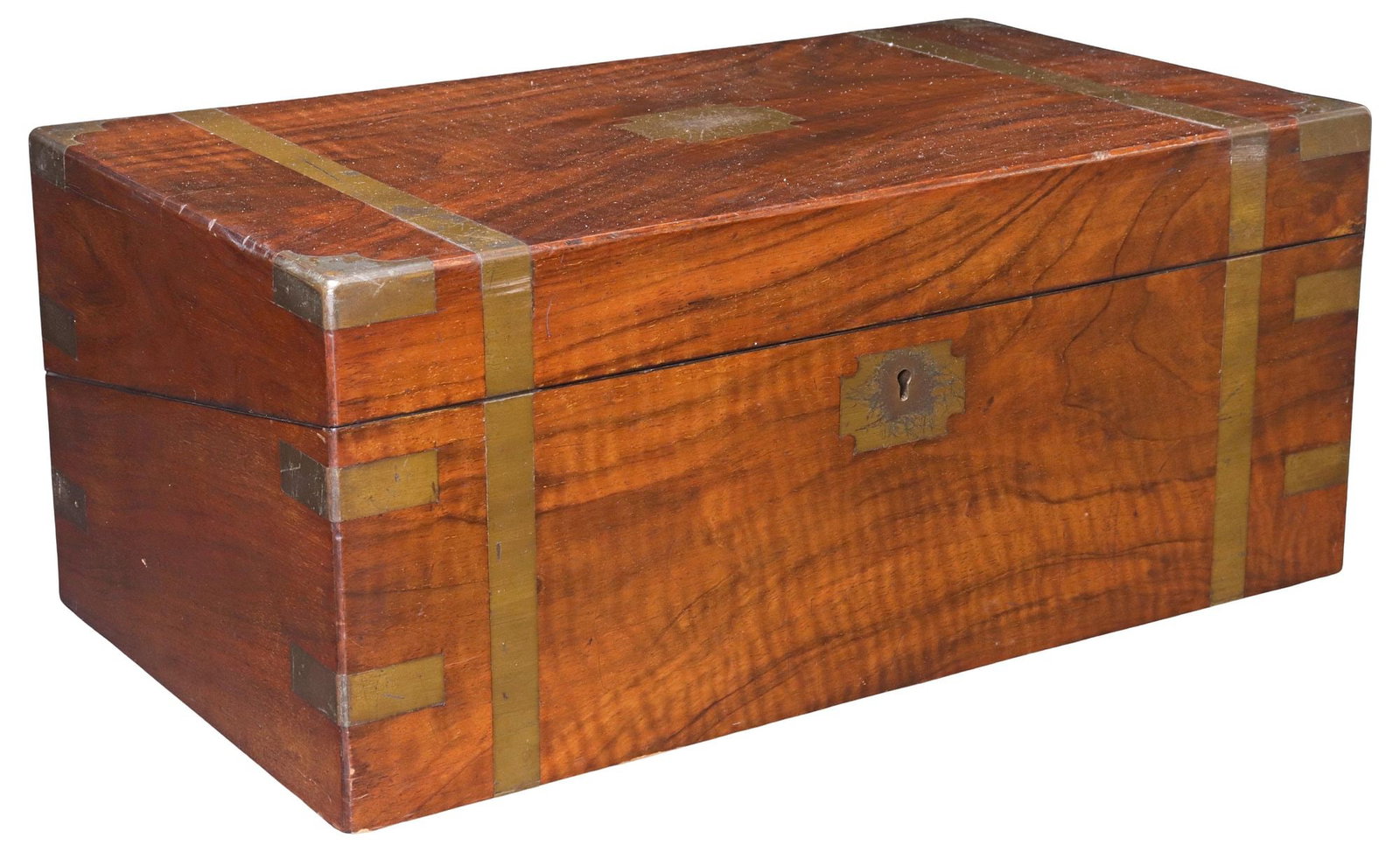 ENGLISH BRASS-BOUND WALNUT WRITING SLOPE / TRAVEL DESK: English brass-bound walnut writing slope/ travel desk, 19th c., lid with central brass cartouche inscribed "Ben Fieldsen," opening to interior with gilt-embossed black leather writing surfac