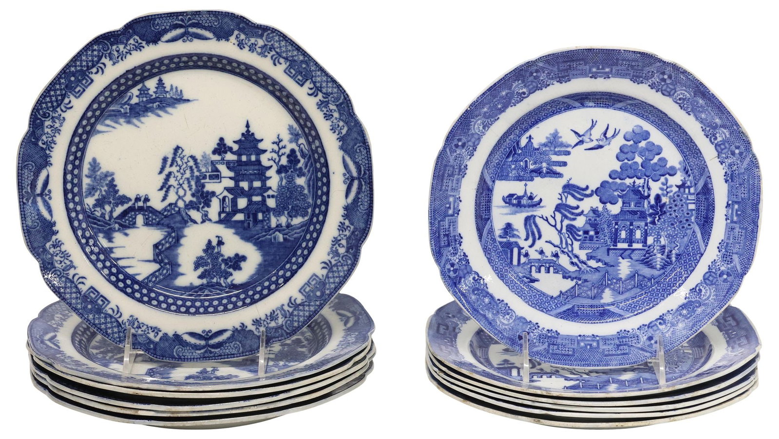 (12) ENGLISH STAFFORDSHIRE CHINOISERIE TRANSFERWARE PLATES, 6 'BLUE WILLOW': (lot of 12) English Staffordshire blue and white transferware cabinet plates, 19th c., including: (6) in the "Blue Willow" pattern, (6) with slightly-varied chinoiserie design, depicting figures and a