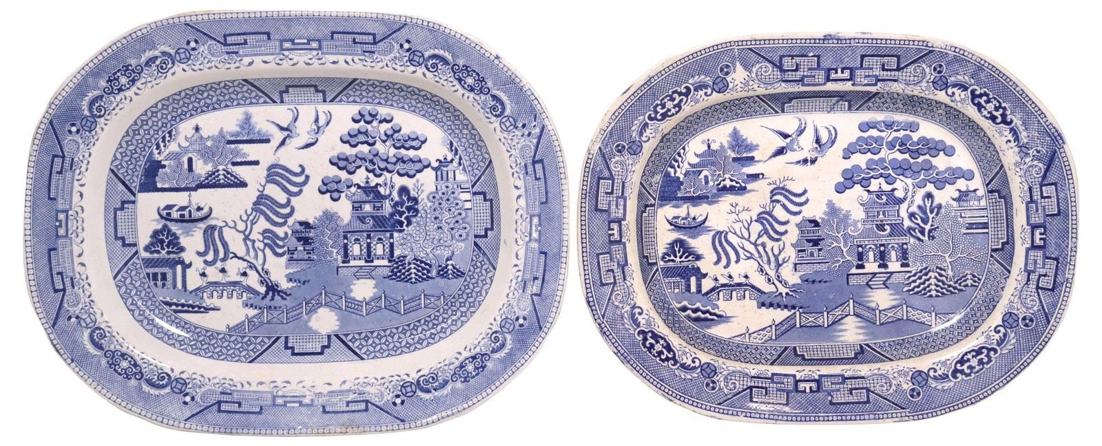 (2) ENGLISH STAFFORDSHIRE TRANSFERWARE 'BLUE WILLOW' PLATTERS: (lot of 2) English Staffordshire blue and white transferware platters, late 19th/ early 20th c., each in the "Blue Willow" pattern, with slightly varied chinoiserie designs, some discoloration and cra