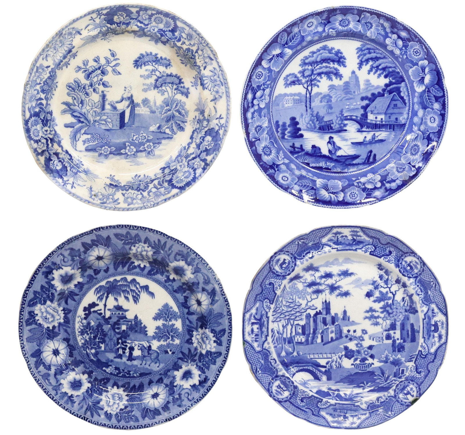 (4) ENGLISH STAFFORDSHIRE BLUE & WHITE TRANSFERWARE CABINET PLATES (1 of 2)