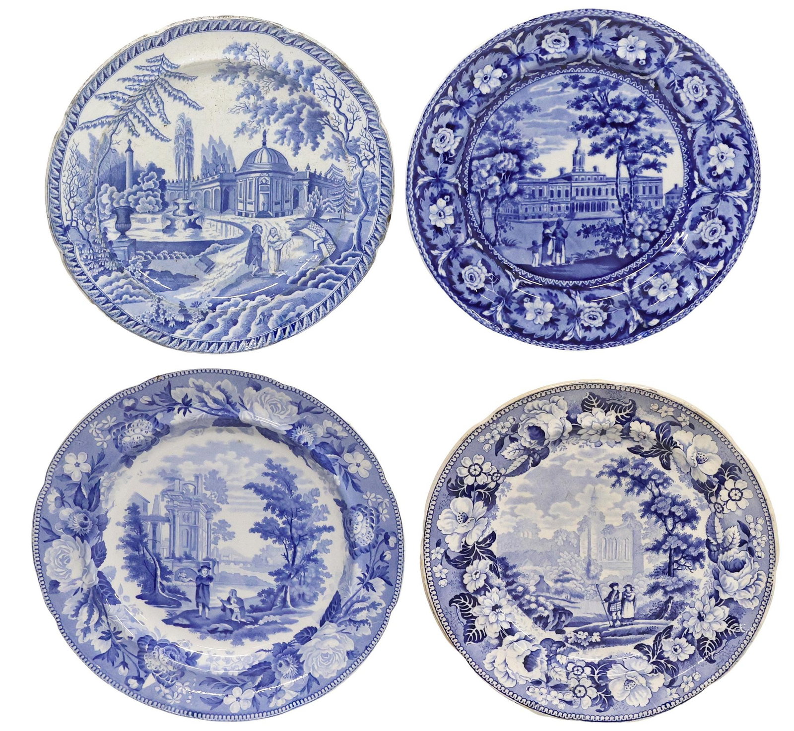 (4) ENGLISH STAFFORDSHIRE BLUE & WHITE TRANSFERWARE CABINET PLATES (1 of 5)
