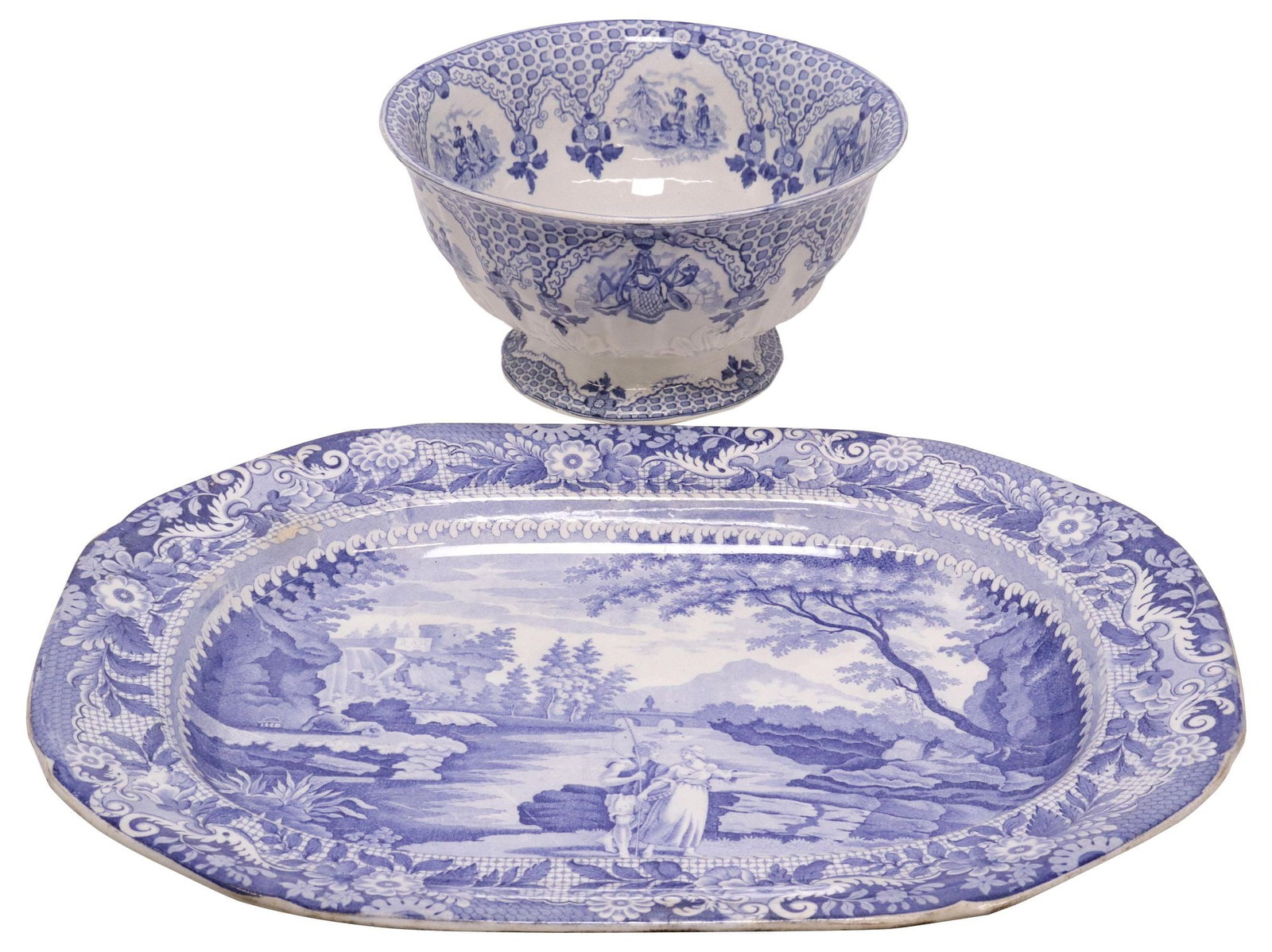 (2) ENGLISH STAFFORDSHIRE BLUE & WHITE TRANSFERWARE BOWL & PLATTER (1 of 8)