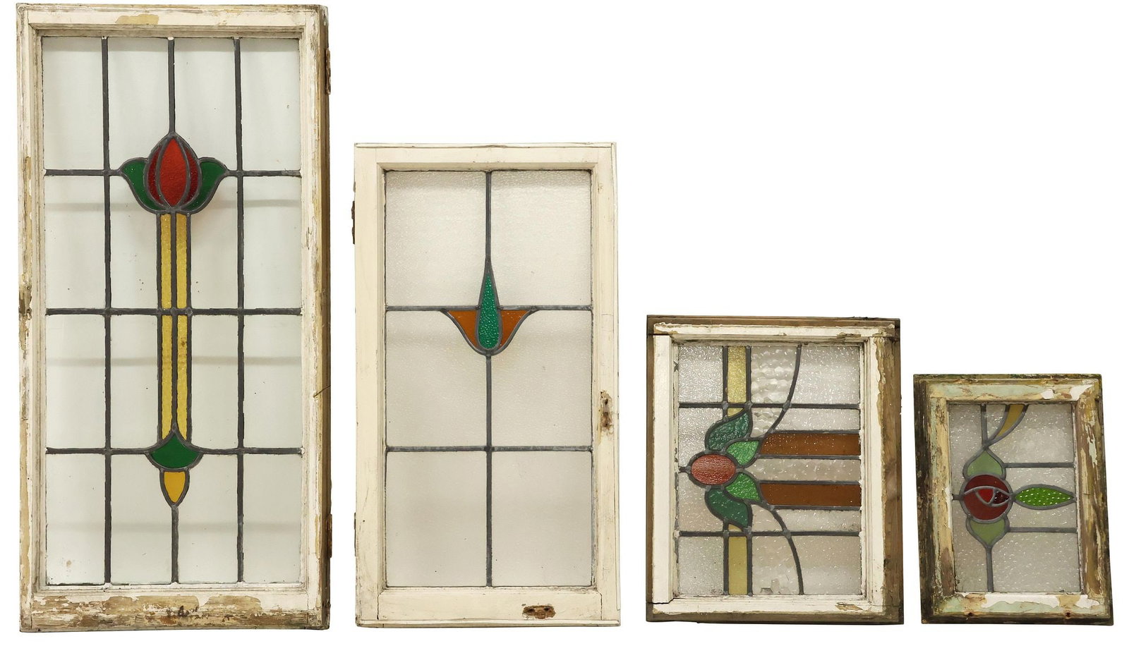 (4) ENGLISH STAINED & LEADED GLASS ARCHITECTURAL WINDOWS: (lot of 4) English architectural stained and leaded glass windows, early 20th c., worn white painted wood frame, encasing textured, clear and multicolored glass panels, largest: approx 43.5"h,