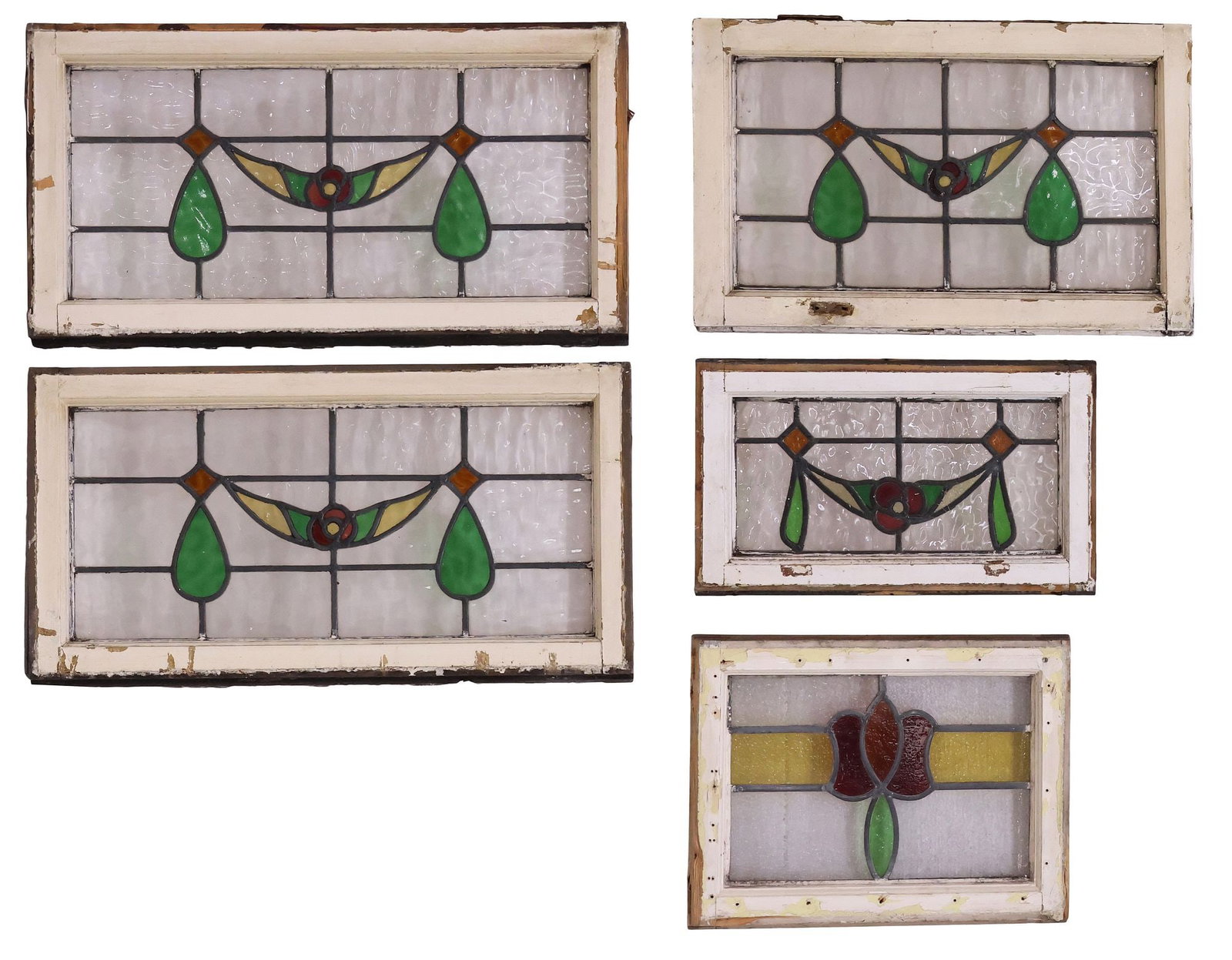 (5) ENGLISH STAINED & LEADED GLASS ARCHITECTURAL WINDOWS: (lot of 5) English architectural stained and leaded glass windows, early 20th c., worn white painted wood frame, encasing textured, clear and multicolored glass panels, (one) slightly bowed, largest: