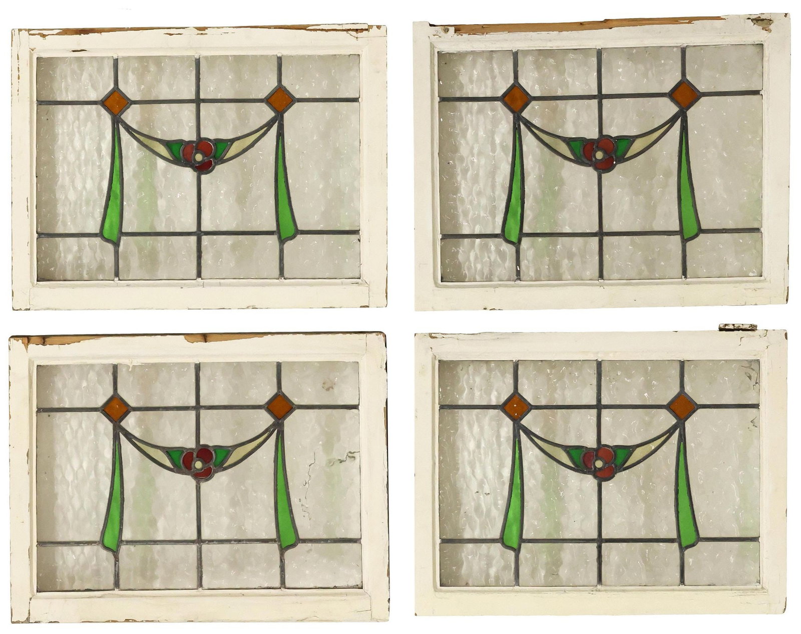 (4) ENGLISH STAINED & LEADED GLASS ARCHITECTURAL WINDOWS: (lot of 4) English architectural stained and leaded glass windows, early 20th c., worn white painted wood frame, encasing textured, clear and multicolored glass panels, largest: approx 29"h, 21