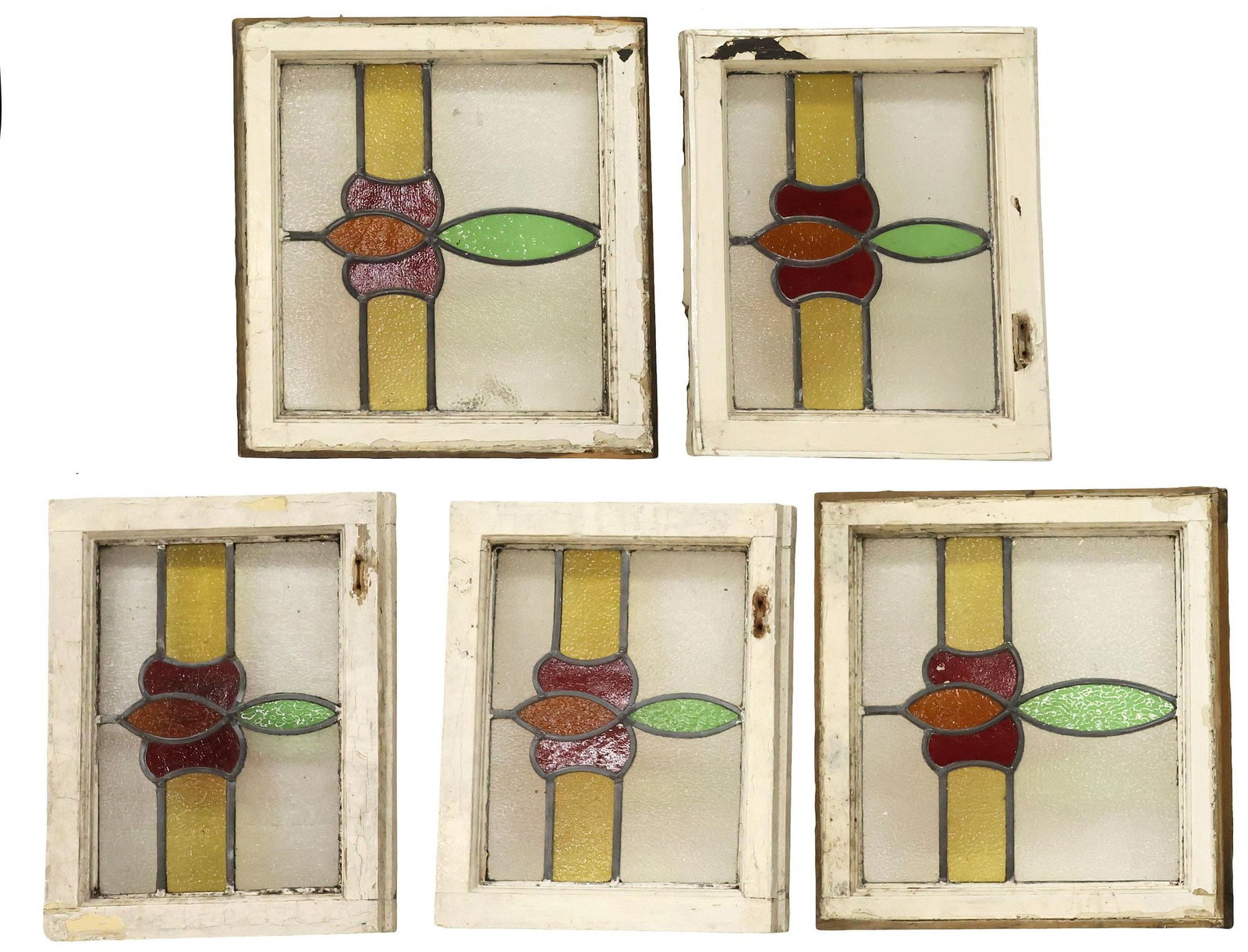 (6) ENGLISH STAINED & LEADED GLASS ARCHITECTURAL WINDOWS: (lot of 6) English architectural stained and leaded glass windows, early 20th c., worn white painted wood frame, encasing textured, clear and multicolored glass panels, largest: approx 18 1/8"h,