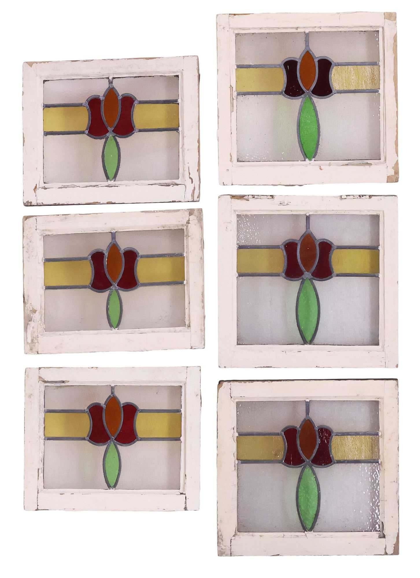 (6) ENGLISH STAINED & LEADED GLASS ARCHITECTURAL WINDOWS: (lot of 6) English architectural stained and leaded glass windows, early 20th c., worn white painted wood frame, encasing textured, clear and multicolored glass panels, largest: approx 18"h, 21.75"w