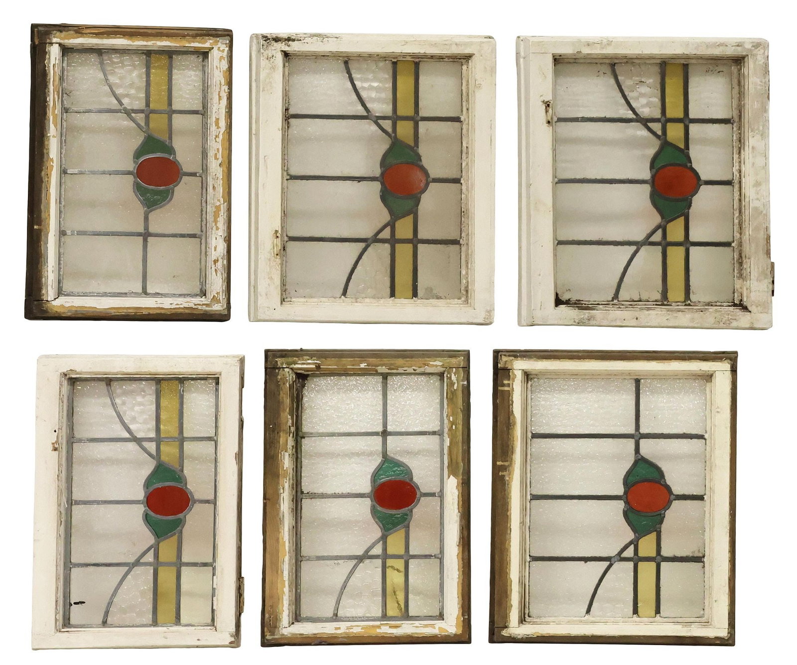 (6) ENGLISH STAINED & LEADED GLASS ARCHITECTURAL WINDOWS: (lot of 6) English architectural stained and leaded glass windows, early 20th c., worn white painted wood frame, encasing textured, clear and multicolored glass panels, largest: approx 18"h,