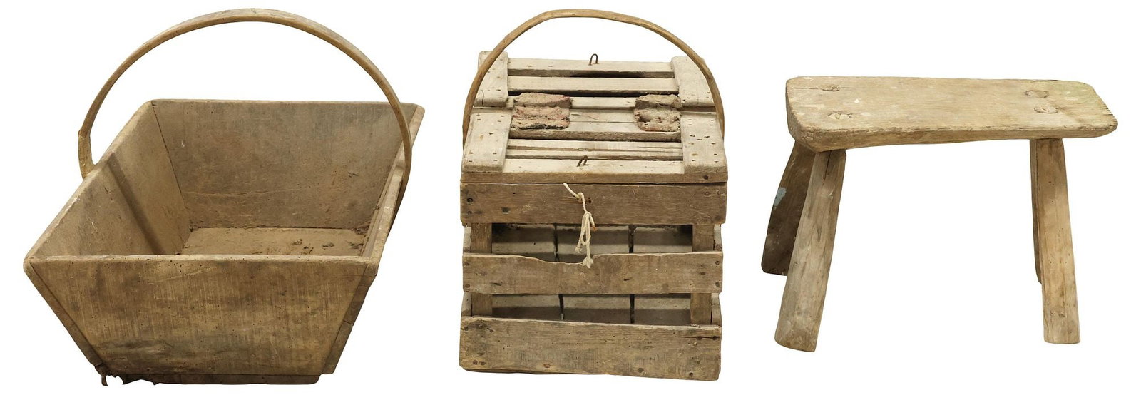 (3) RUSTIC FRENCH PINE EGG CRATE, TRUG, & STOOL: (lot of 3) Rustic French pine baskets and stool, 20th c., (1) garden trug/ gathering basket, bentwood handle, (1) slatted egg crate, with bentwood handle, over leather hinges largest: approx 22.75"l, 