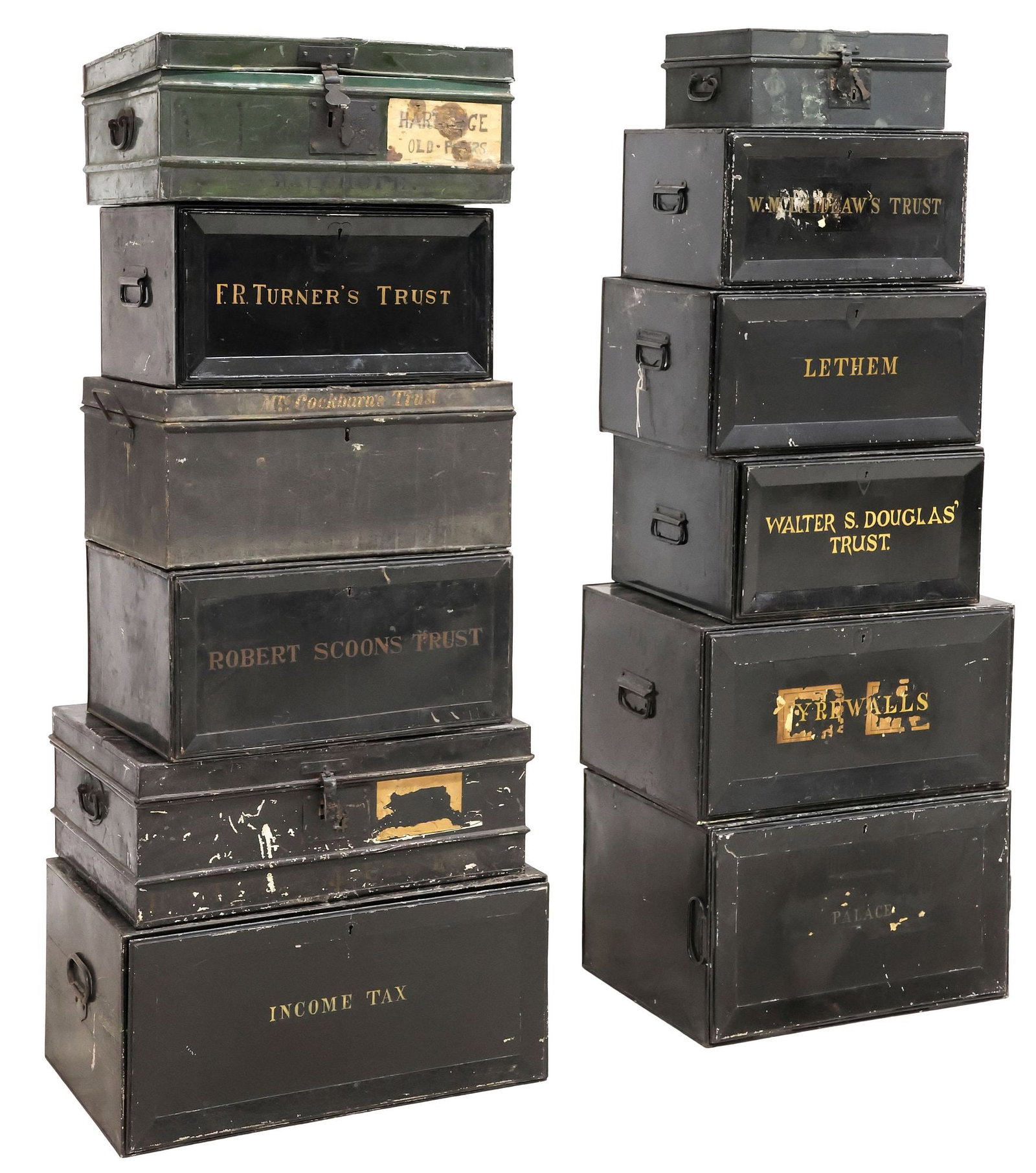 (11) ENGLISH METAL DEED BOXES: (lot of 11) English metal deed boxes, of varying sizes, colors, and inscriptions, highlights include: (one) "The Honorable Mrs. Jean Seton Trust," (one) "Weens," with maker's