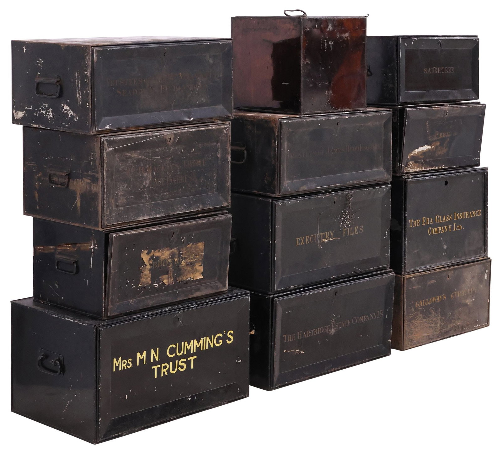 (12) ENGLISH METAL DEED BOXES: (lot of 12) English metal deed boxes, of varying sizes, colors, and inscriptions, highlights include: (one) "Executory Files," (one) "Saughtree," stamped with maker's mark on back of locking