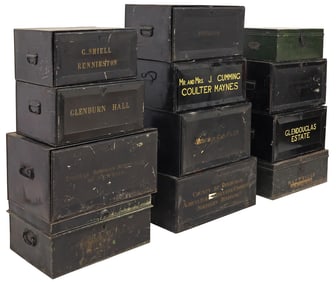 (12) ENGLISH METAL DEED BOXES