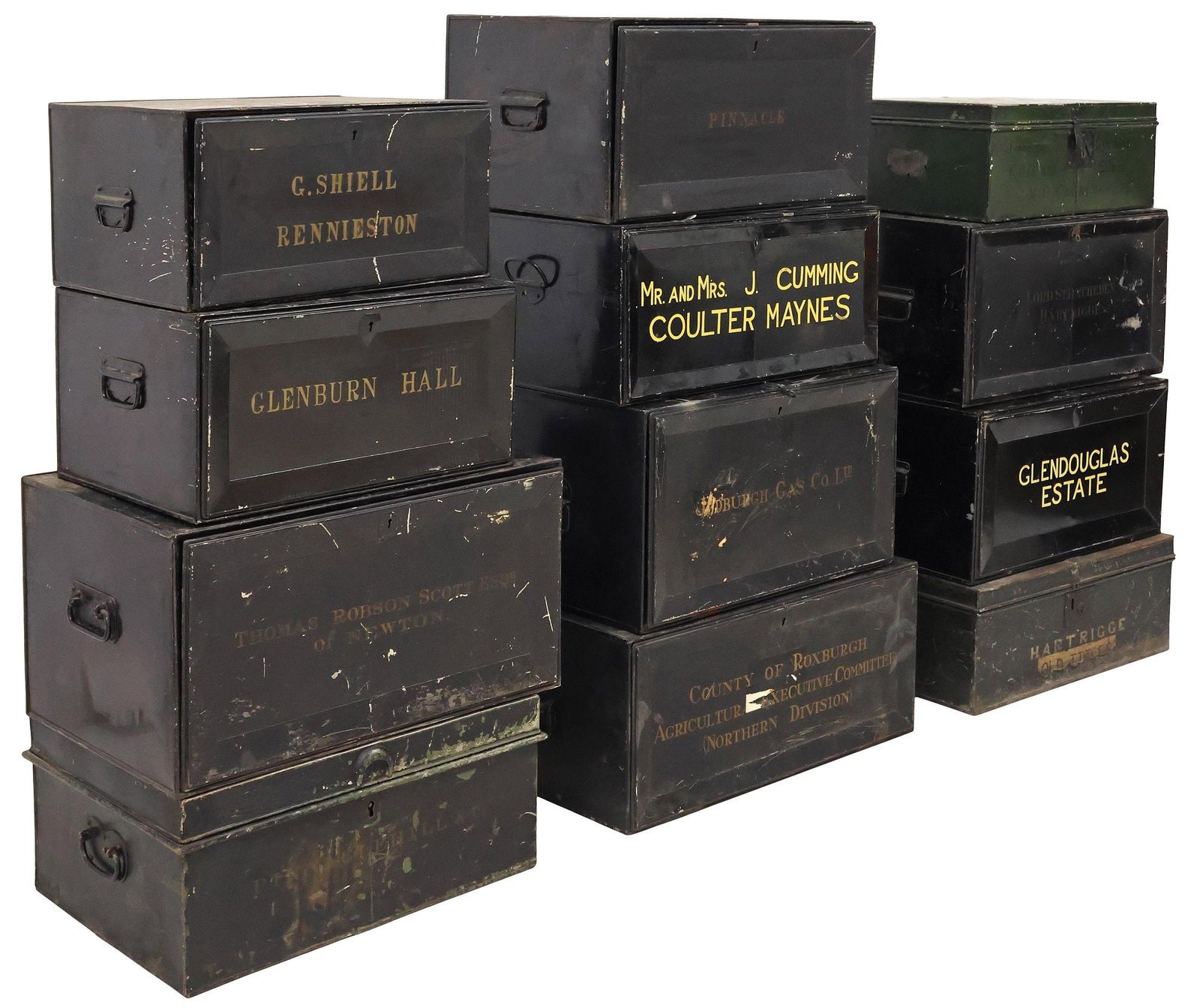 (12) ENGLISH METAL DEED BOXES: (lot of 12) English metal deed boxes, of varying sizes, colors, and inscriptions, highlights include: (one) "Mr. and Mrs. J. Cumming Coulter Maynes," stamped with J. Gray & Son