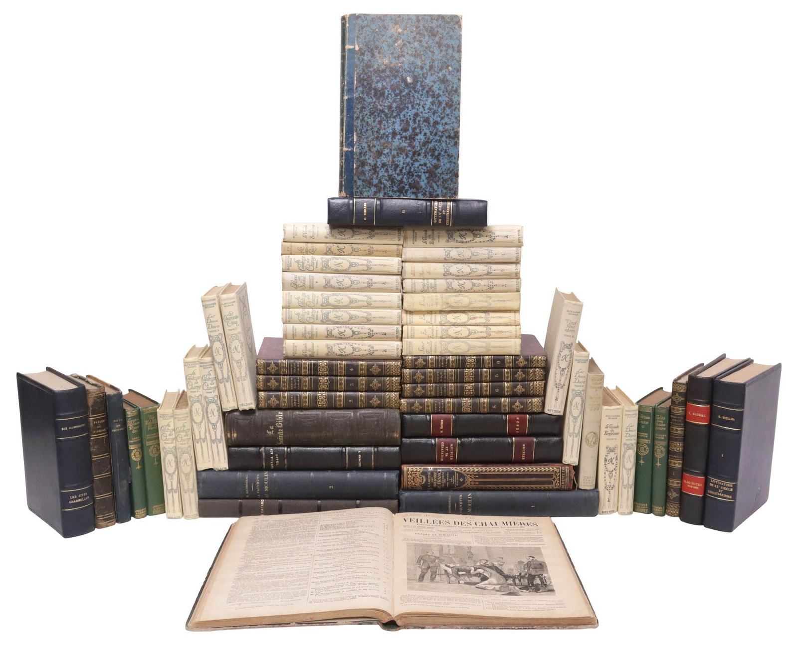 (56) FRENCH LIBRARY SHELF BOOKS, FICTION & RELIGION, 17 ALEXANDRE DUMAS: (lot of 56) French library shelf books, various fiction, theater, and religious subjects, many in leather bindings, with gilt embossing and raised spine bands, highlights include: (26) works of