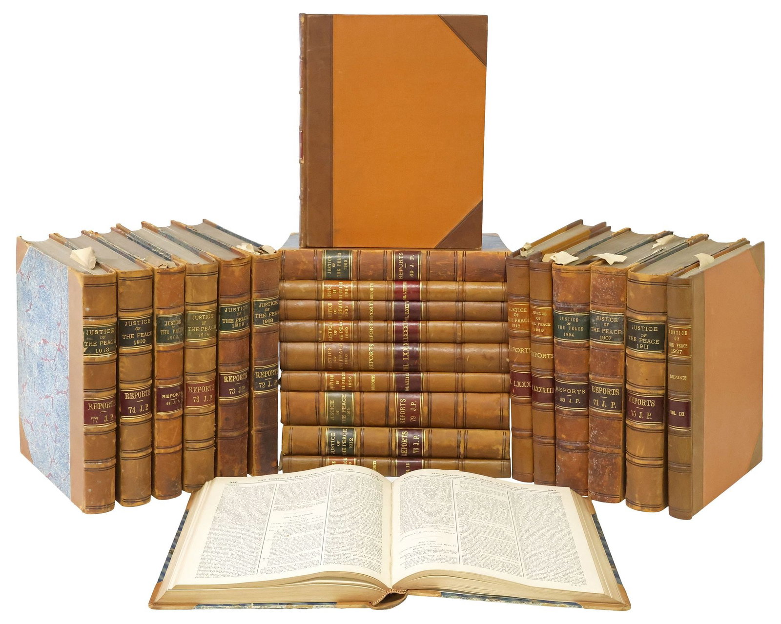 (23) ENGLISH LEATHER-BOUND LIBRARY SHELF BOOKS, LAW REPORTS: (lot of 23) English library shelf books, "Justice of the Peace and Local Government Review Reports," each with leather binding, raised spine bands, gilt embossed lettering, many with