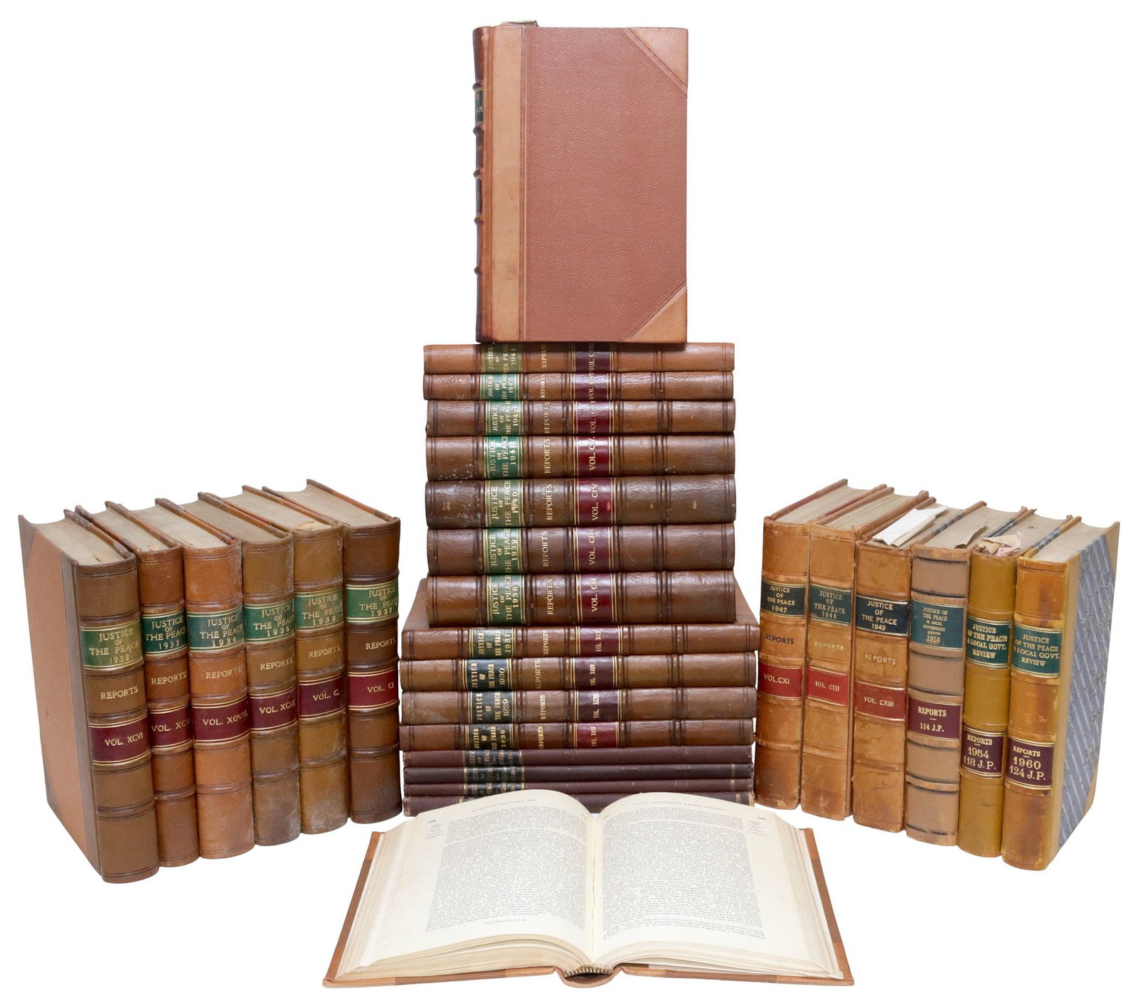 (30) ENGLISH LEATHER-BOUND LIBRARY SHELF BOOKS, LAW REPORTS: (lot of 30) English library shelf books, "Justice of the Peace and Local Government Review Reports," each with leather binding, raised spine bands, gilt embossed lettering, (three) with marb
