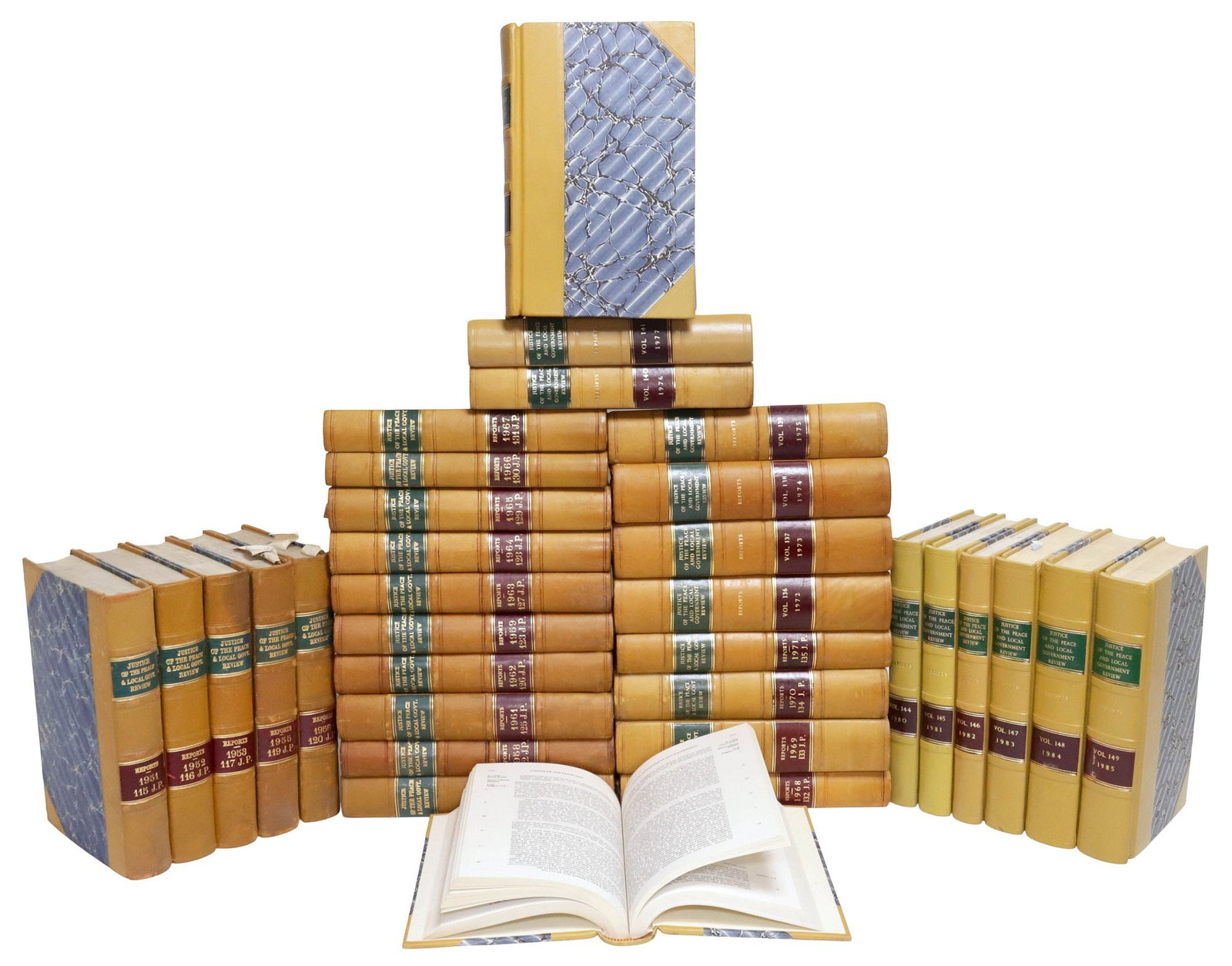 (33) ENGLISH LEATHER-BOUND LIBRARY SHELF BOOKS, LAW REPORTS: (lot of 33) English library shelf books, "Justice of the Peace and Local Government Review Reports," each with leather binding, raised spine bands, gilt embossed lettering, with marbleized