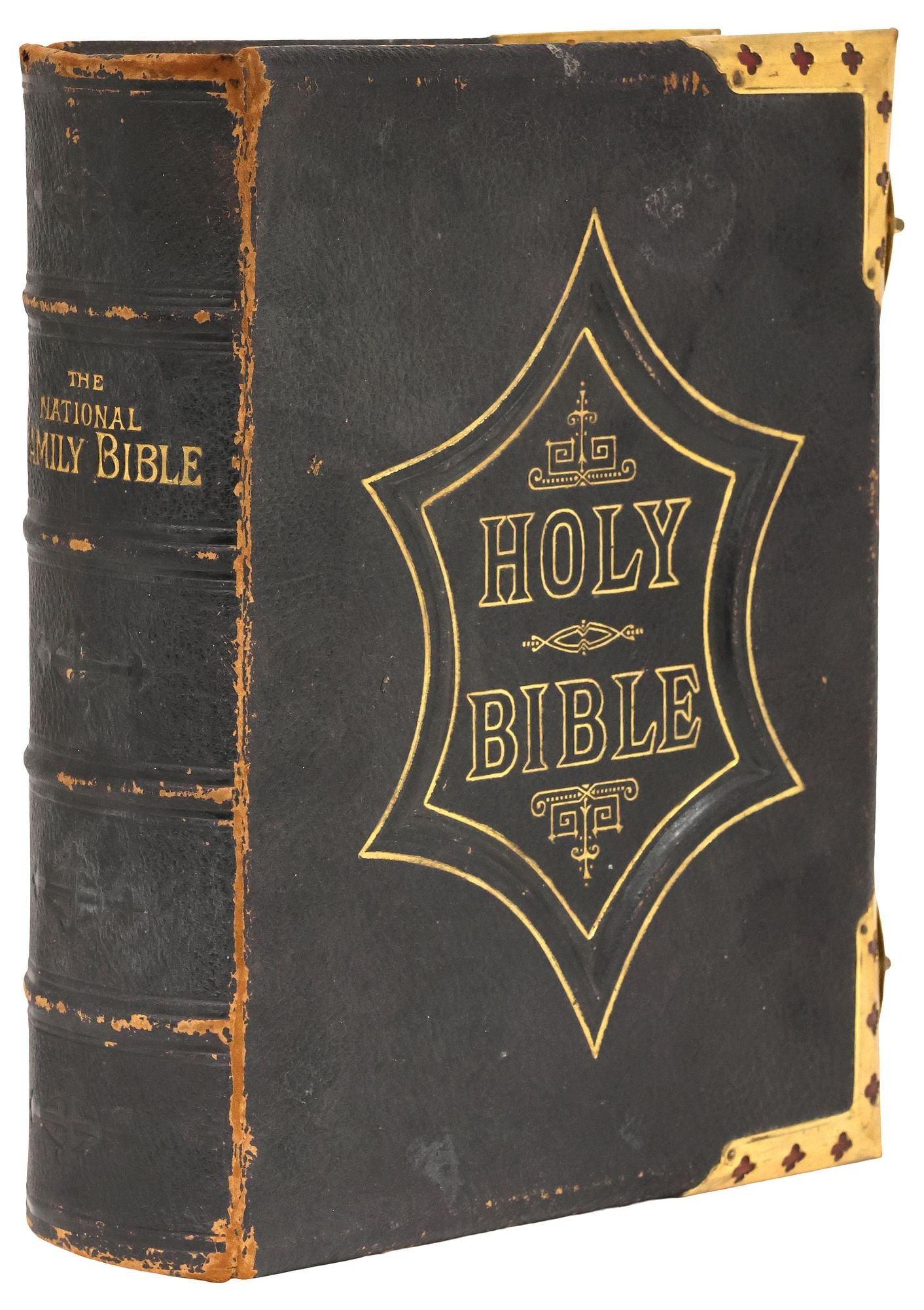 ANTIQUE ENGLISH LEATHER & BRASS-BOUND HOLY BIBLE: Book: "The Illustrated National Family Bible: With the Commentaries of Scott & Henry," in worn gilt-embossed grained leather binding, with brass trim and locking clasps, color illustration plates