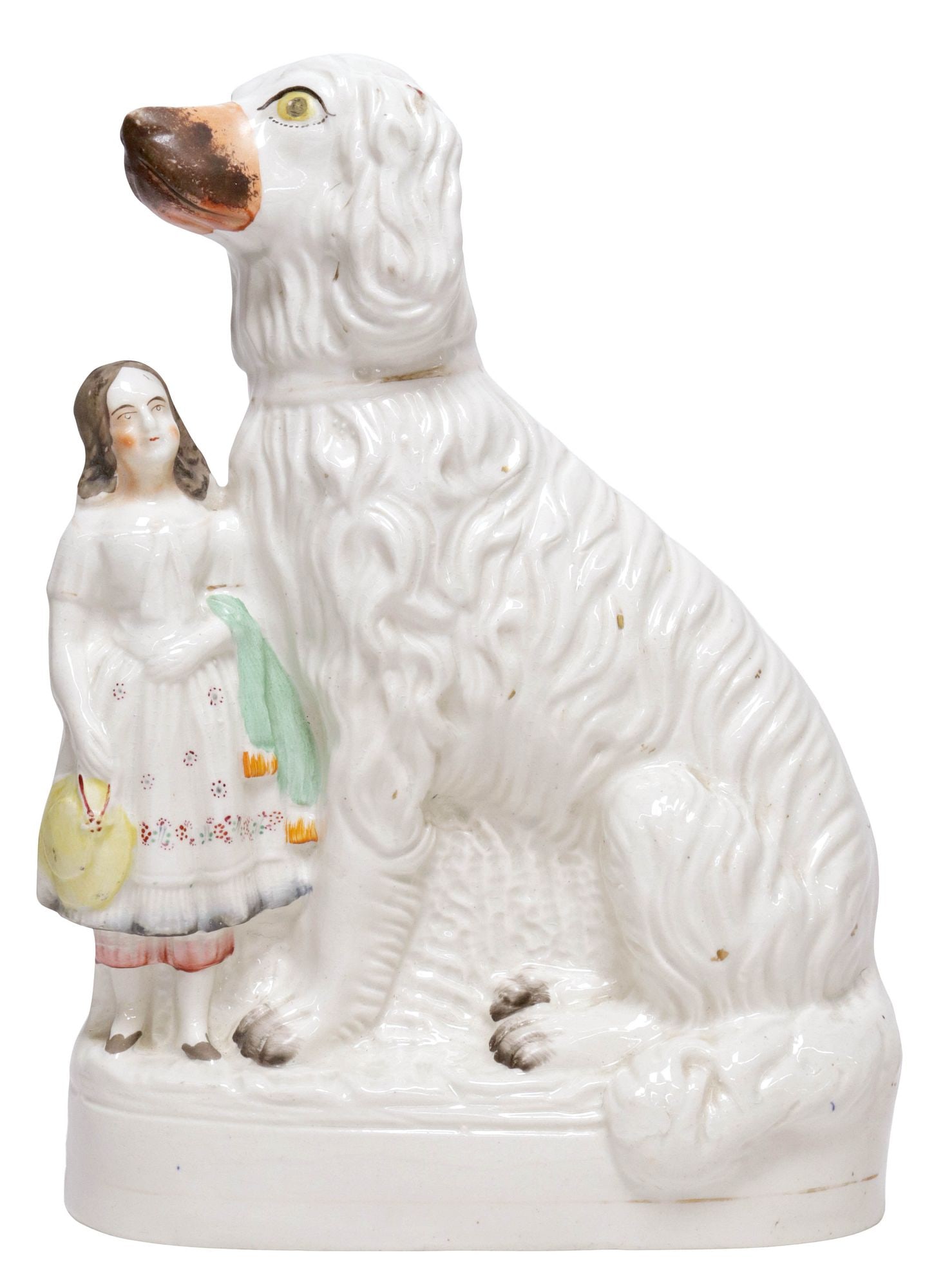 ENGLISH VICTORIAN STAFFORDSHIRE MANTEL DOG WITH YOUNG GIRL: English Victorian Staffordshire mantel dog, late 19th c., modeled as a young girl beneath a seated spaniel, with painted features, and remnants of parcel-gilt decoration, on oval base, approx 13.5&quo