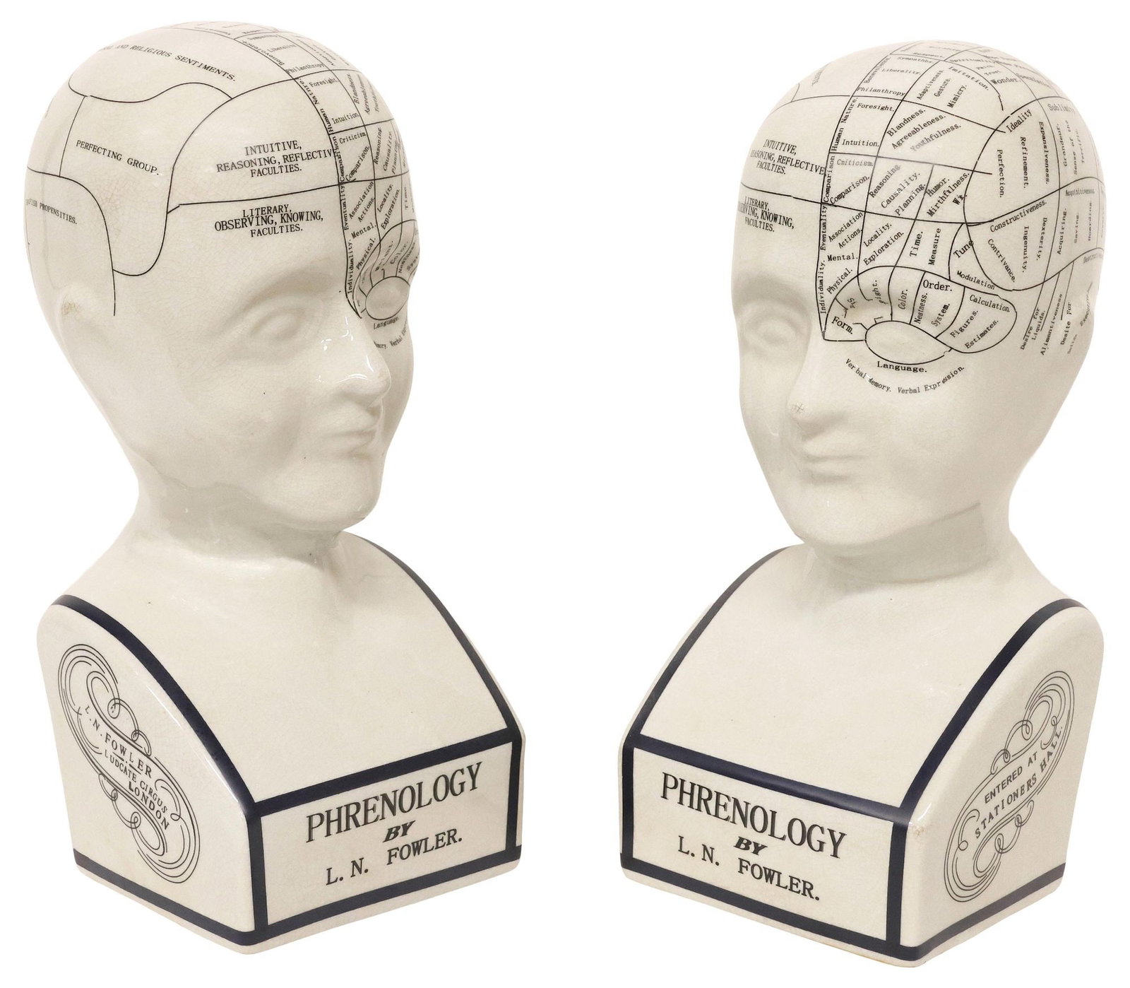 (2) AFTER L.N. FOWLER CERAMIC PHRENOLOGY BUSTS (1 of 3)