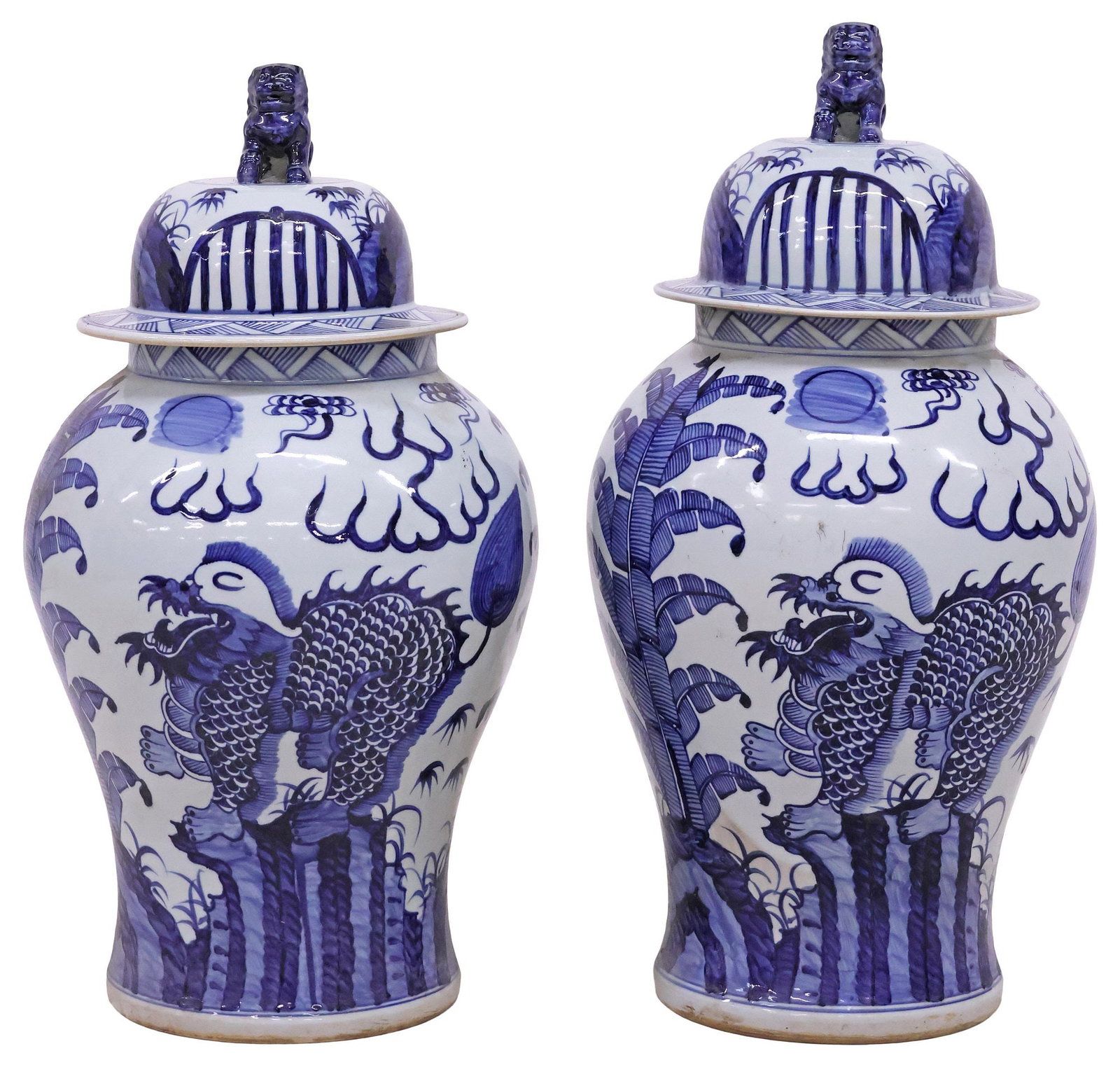(2) LARGE CHINESE BLUE & WHITE PORCELAIN COVERED TEMPLE JARS, 26"H (1 of 5)