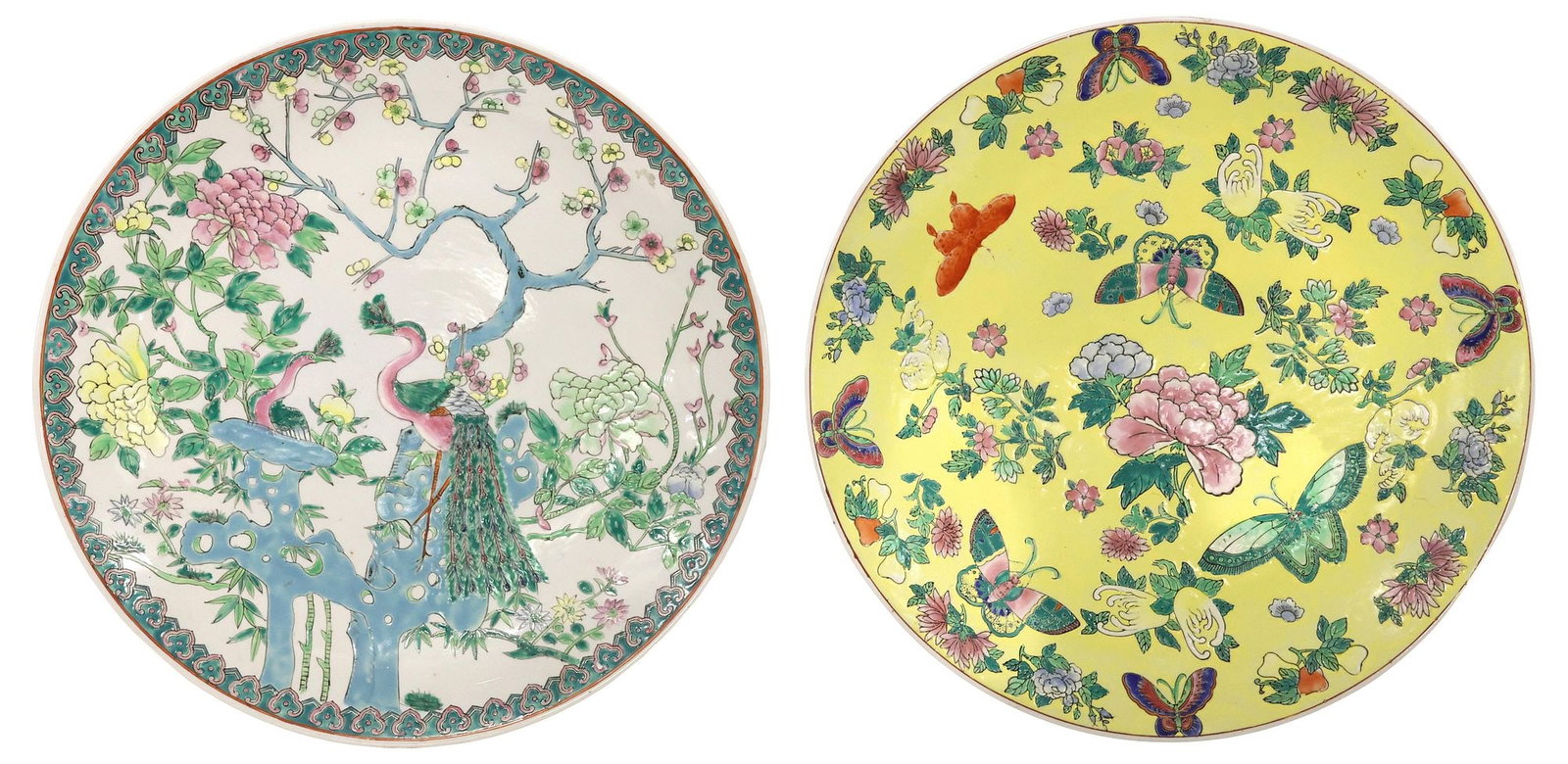 (2) CHINESE FAMILLE JAUNE & ROSE ENAMELED PORCELAIN CHARGERS: (lot of 2) Chinese enameled porcelain chargers, each with multi-character mark underfoot, including: (1) famille jaune, with butterflies, chrysanthemums, and foliates on yellow ground, (1) famille ros