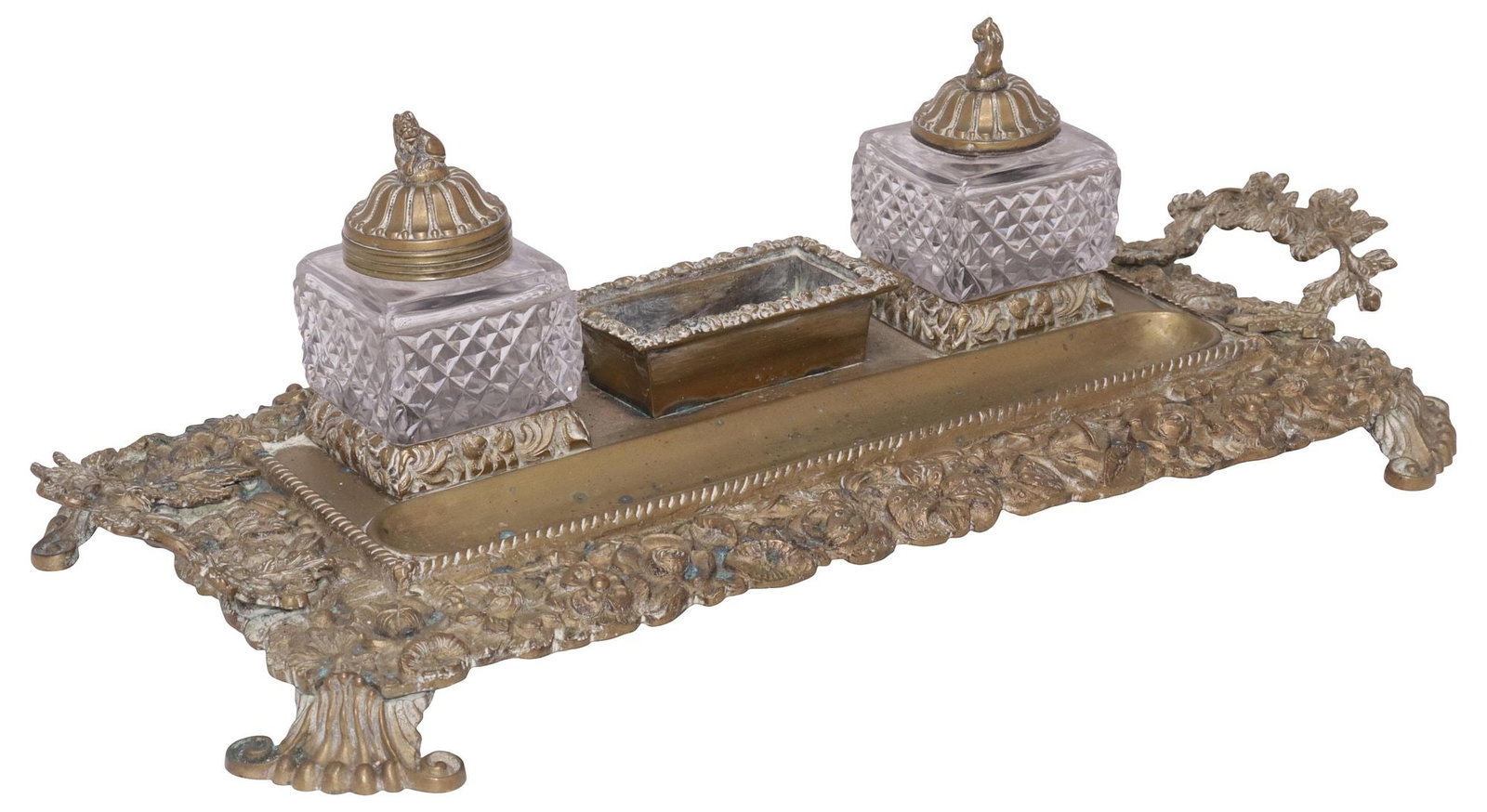ENGLISH EDWARDIAN FLORAL BRASS DOUBLE-INKWELL DESK STAND (1 of 6)