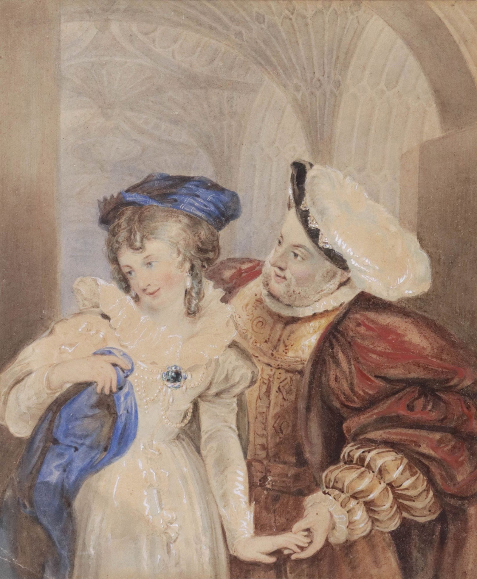 ALFRED E. CHALON (ATTRIB.) WATERCOLOR PAINTING, HENRY VIII & ANNE BOLEYN (1 of 11)