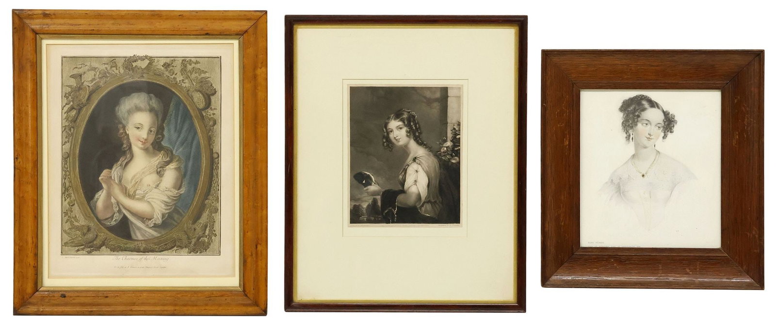 (3) ENGLISH & FRENCH FEMALE PORTRAIT PRINTS, 1 AFTER LOUIS MARIN BONNET: (lot of 3) Framed prints on paper, including: (1) colored intaglio print, "The Charms of the Morning," after Louis Marin Bonnet (French, 1736-1793), retaining Uwe Callesen label verso, overall