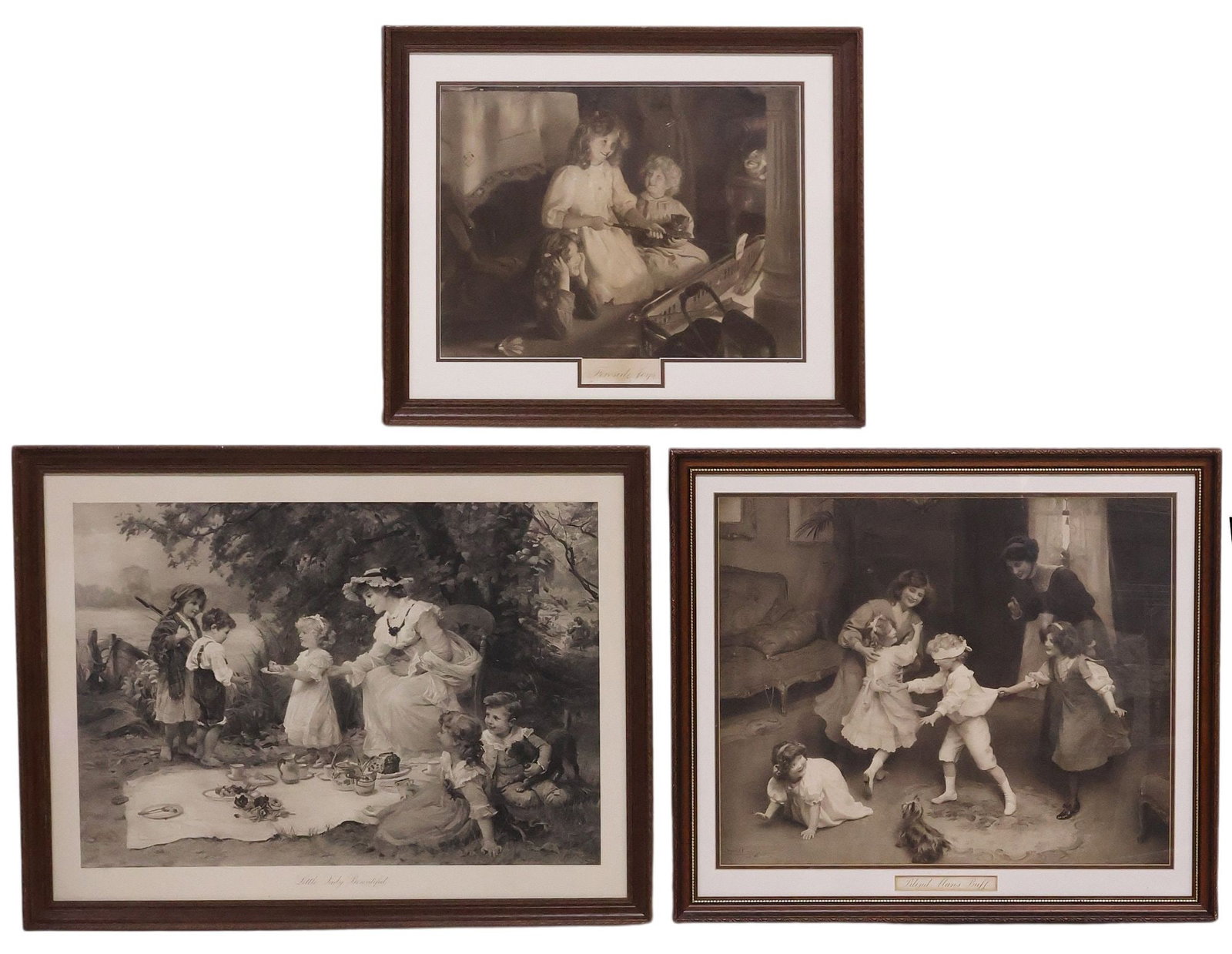 (3) ENGLISH BLACK & WHITE PRINTS AFTER ARTHUR JOHN ELSLEY & FRED MORGAN: (lot of 3) Framed black and white prints on paper, including: (2) after Arthur John Elsley (English, 1860-1952), (one) "Blind Man's Buff," signed and dated in print lower left, sight: approx 19.75"h,