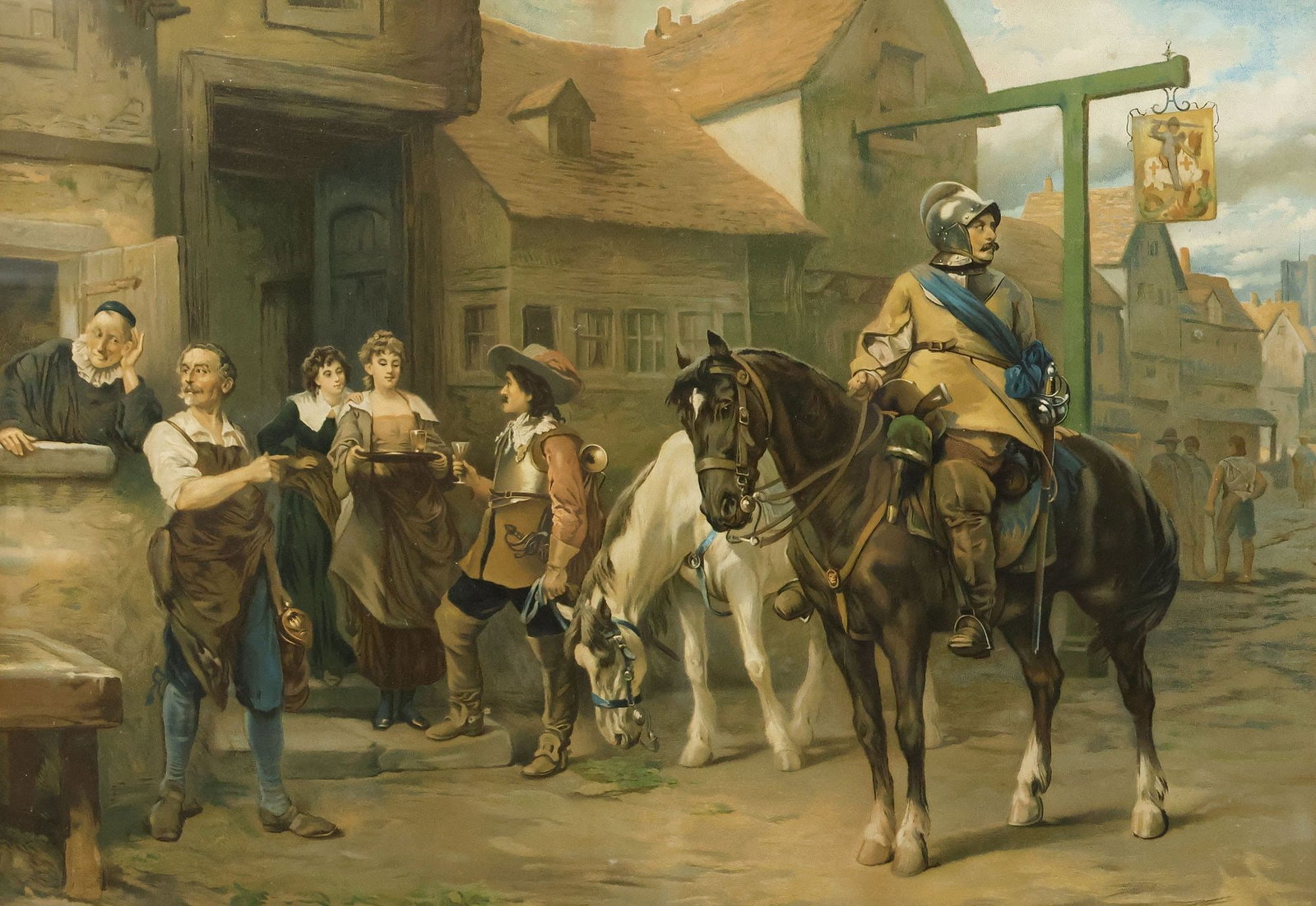 ENGLISH SCHOOL COLOR PRINT, HISTORICAL SCENE WITH KNIGHTS AT TAVERN (1 of 3)