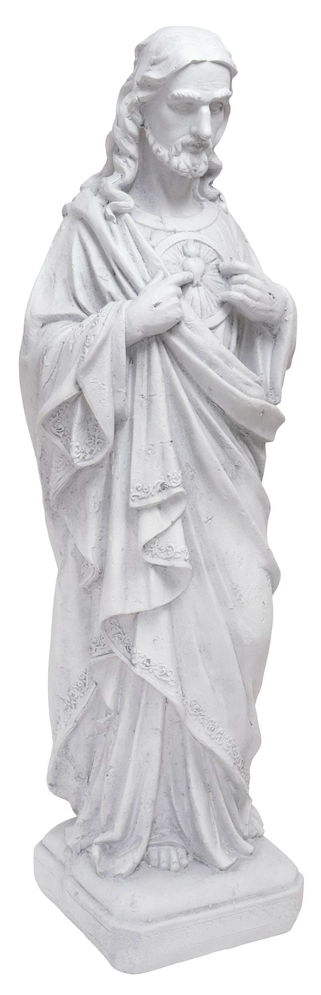 CAST PLASTER WHITE-PAINTED SCULPTURE, SACRED HEART OF JESUS, 32.5"H: Cast plaster sculpture, Sacred Heart of Jesus, early 20th c., in a white painted finish, Christ dressed in billowing robes with hands to the chest, on canted plinth base, approx 32.5"h, 8.5"w, 8.5"d,
